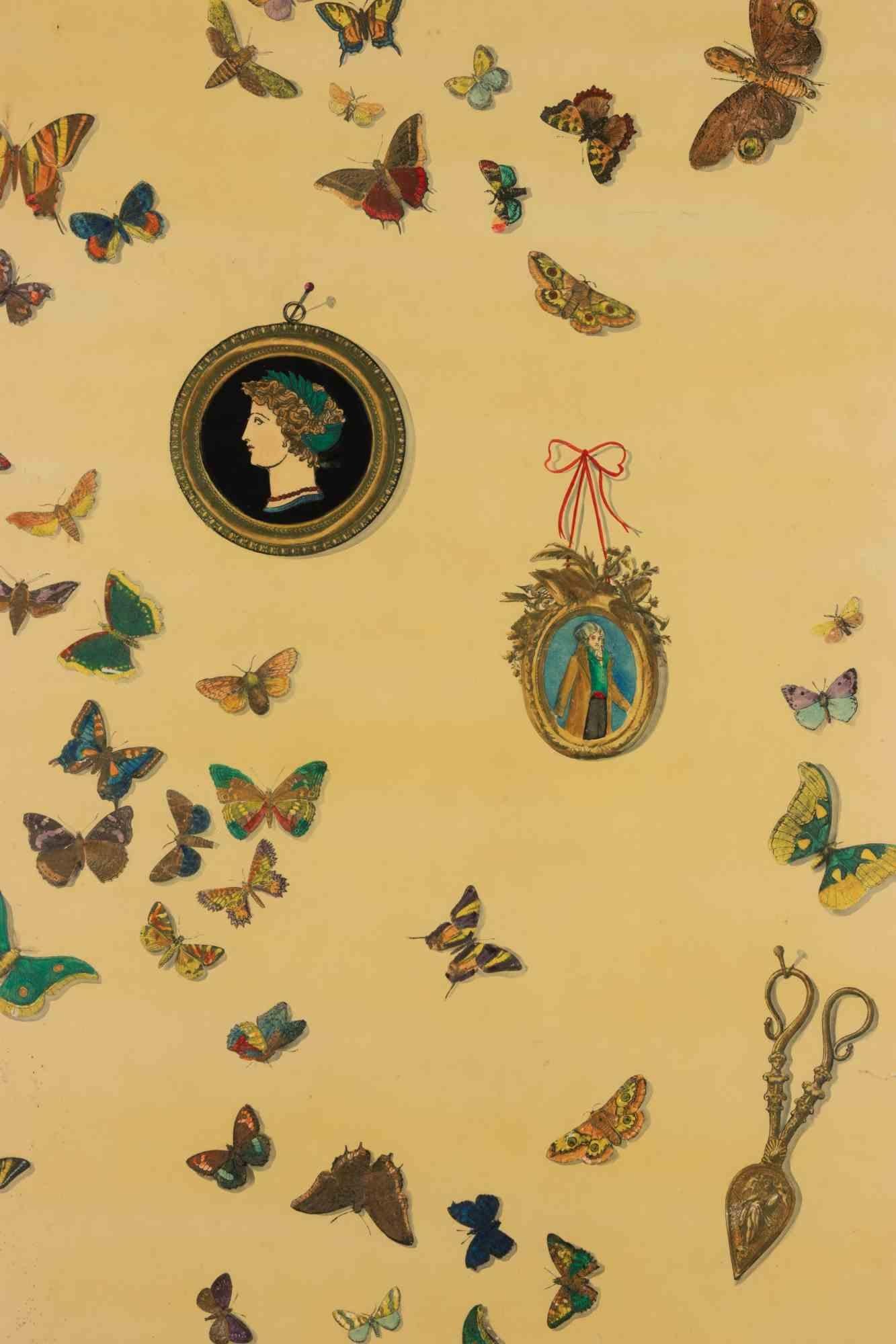 Pannello vintage realizzato da Piero Fornasetti negli anni Cinquanta.

Stampa serigrafica su legno. Telaio in ottone. Coperto da un vetro.

Molto probabilmente si tratta di un esemplare unico, realizzato negli anni '50 per la Sartoria Fanucchi, Roma.