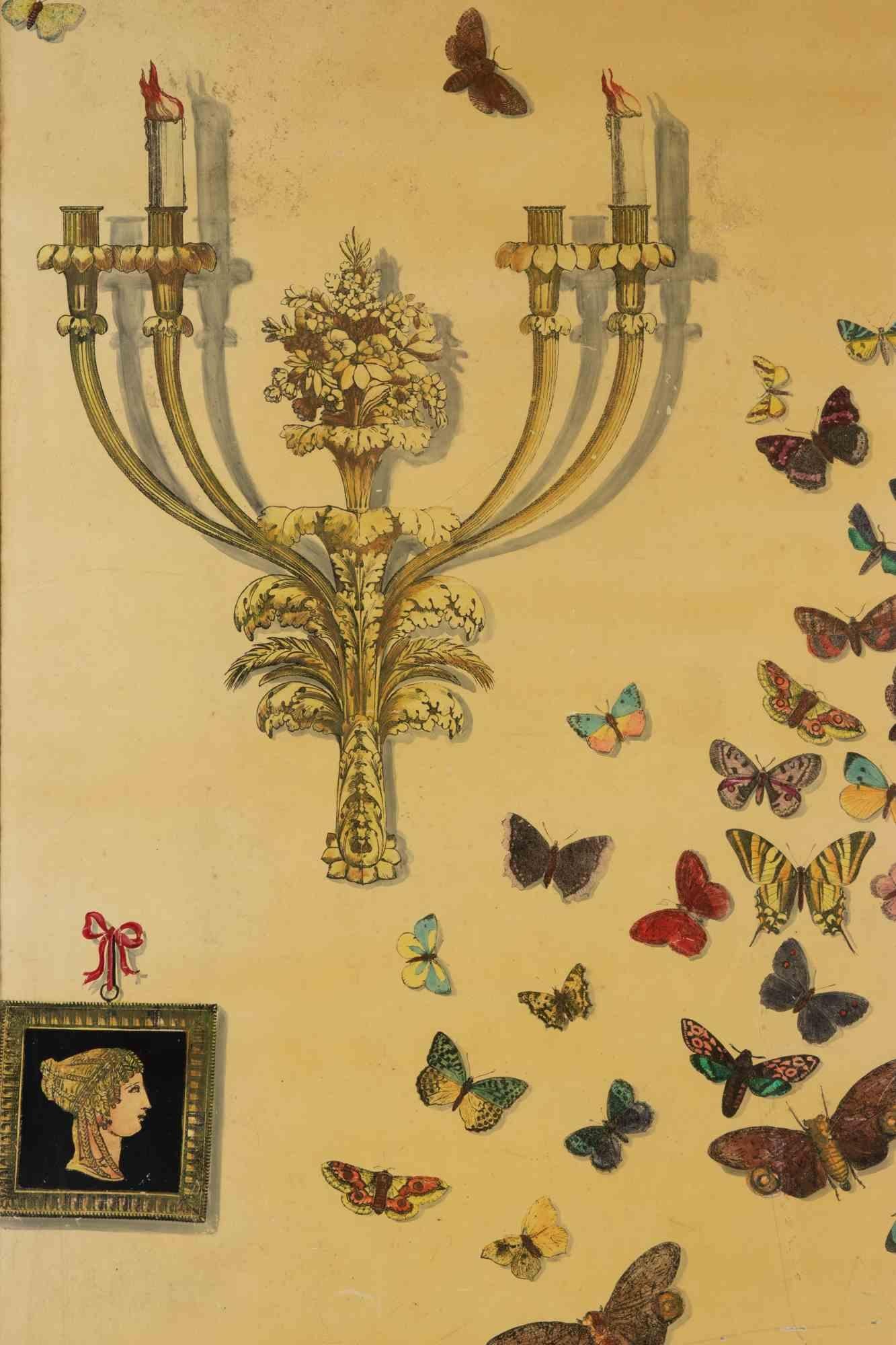 Vintage Panel realized by Piero Fornasetti in 1950s.

Screen print on wood. Brass frame. Covered with glass.

Most probably a unique specimen, realized in 1950s for Sartoria Fanucchi, Rome.