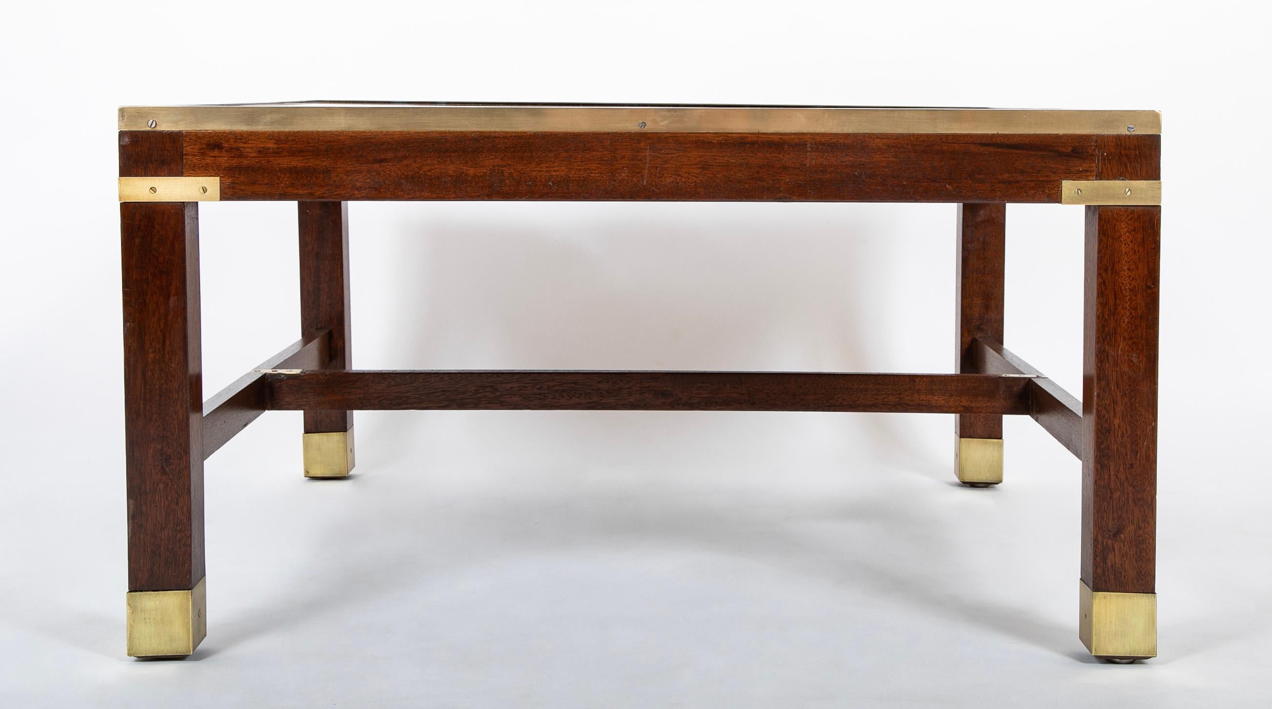 Mid-Century Modern Fornasetti Style Coffee Table with Reverse Glass Top on Walnut and Brass Base For Sale