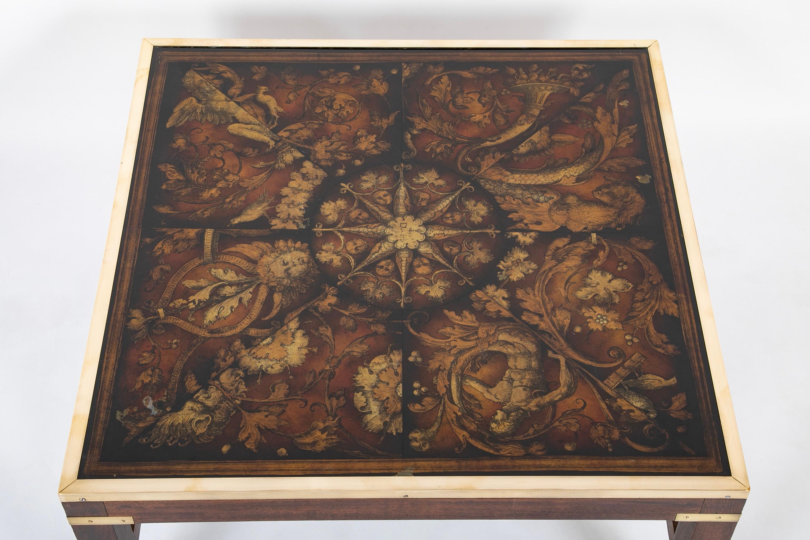 20th Century Fornasetti Style Coffee Table with Reverse Glass Top on Walnut and Brass Base