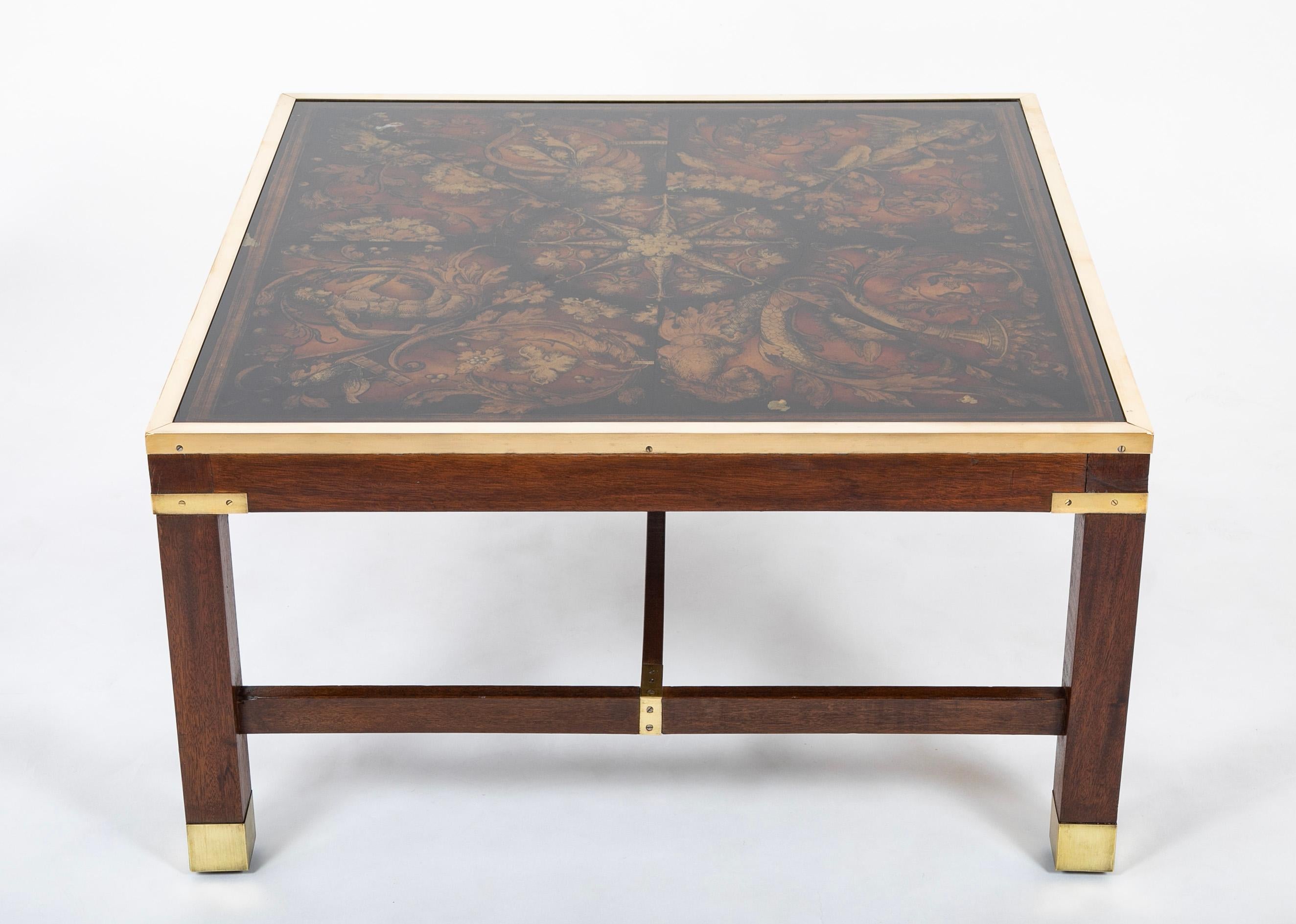 Fornasetti Style Coffee Table with Reverse Glass Top on Walnut and Brass Base In Good Condition For Sale In Stamford, CT