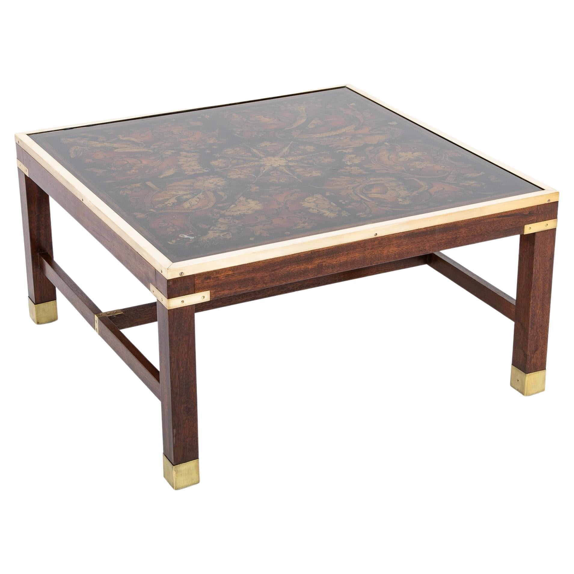 Fornasetti Style Coffee Table with Reverse Glass Top on Walnut and Brass Base For Sale