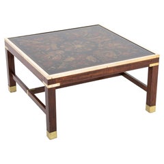 Fornasetti Style Coffee Table with Reverse Glass Top on Walnut and Brass Base