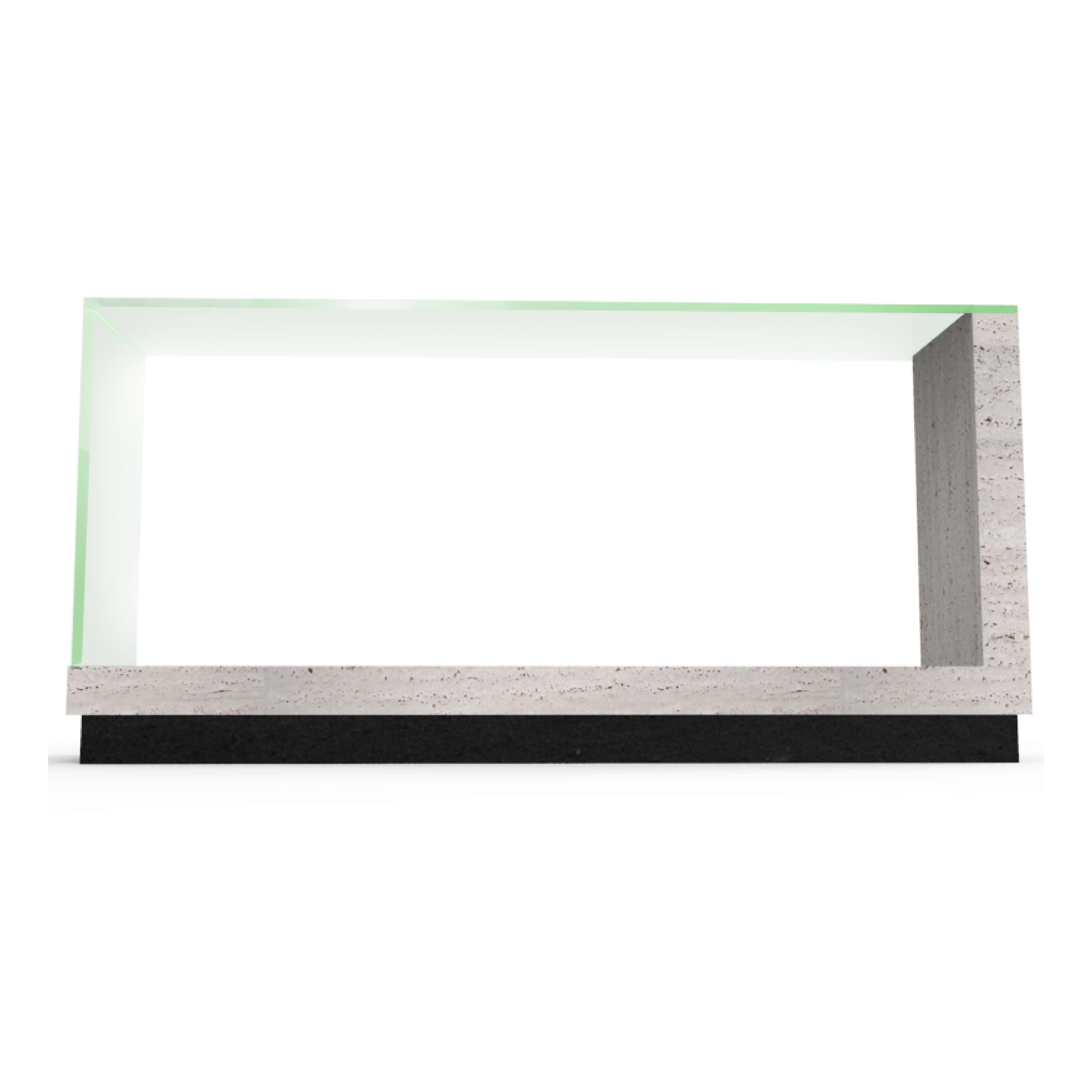 Fornix Travertine Marble & Crystal Console Table Modern Design Made in Spain
The Fornix console is a refined expression of modern design, where the timeless strength of natural stone meets the ethereal clarity of glass. With its bold architectural