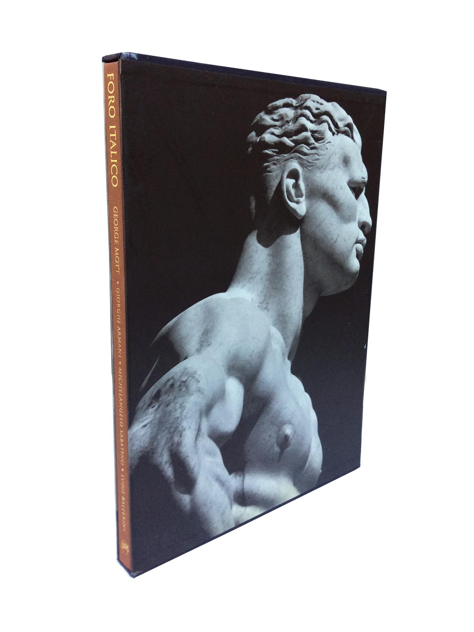 Hardbound book collecting black-and-white and color photographs by George Mott. They portray the 60 marbles statues at the sports complex Foro Italico in Rome, Italy. The Foro Italico hosted the Olympics in 1960. The statues' fraught beginnings