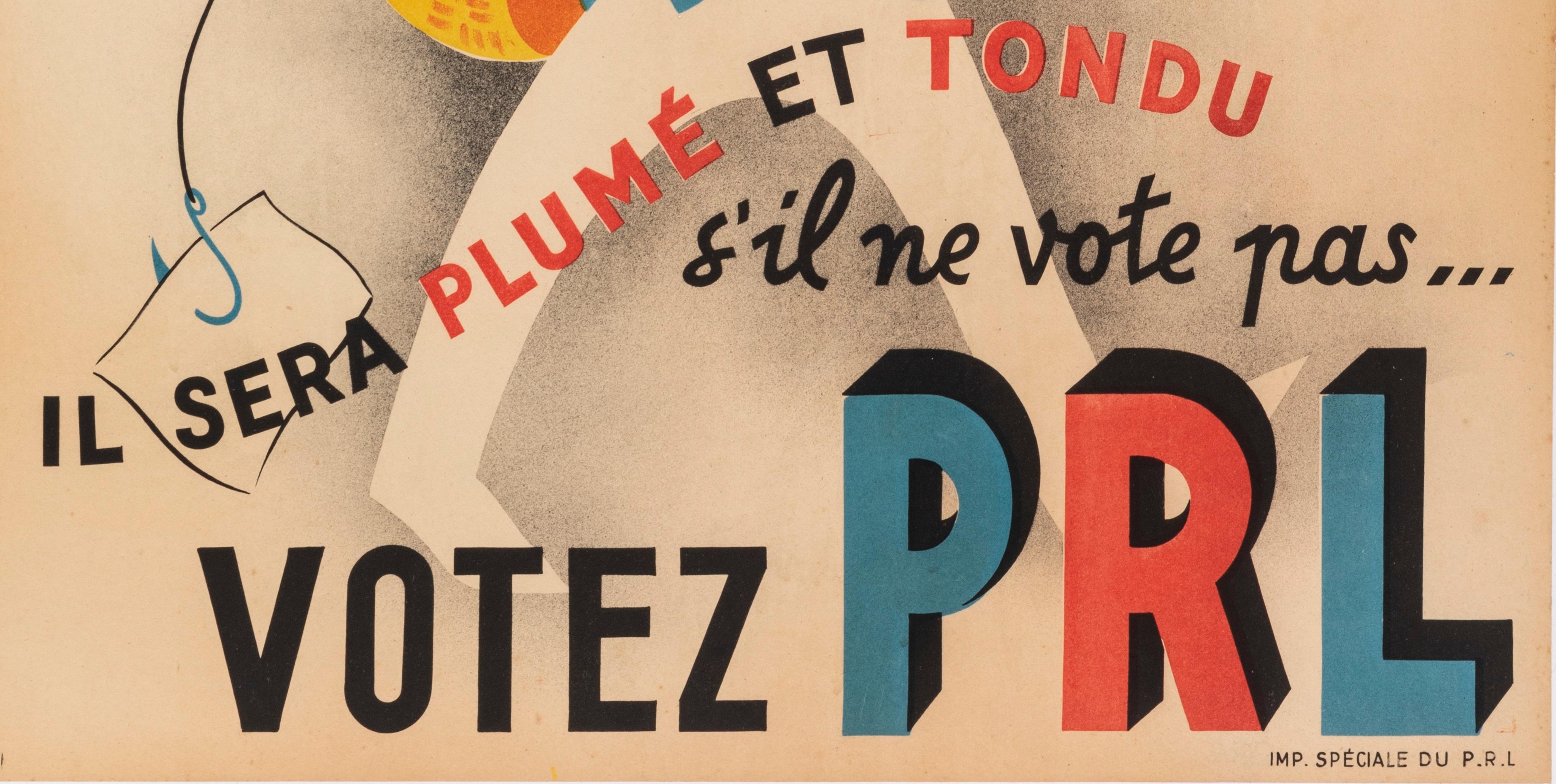 Français Foro, affiche vintage originale, Vote PRL, parti politique, poulet, moutons, 1947 en vente
