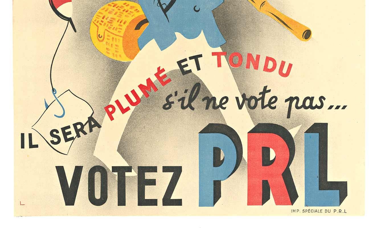 Manifesto politico francese d'epoca originale Votez PRL, 1947, supporto in lino - Print American Modern di Foro