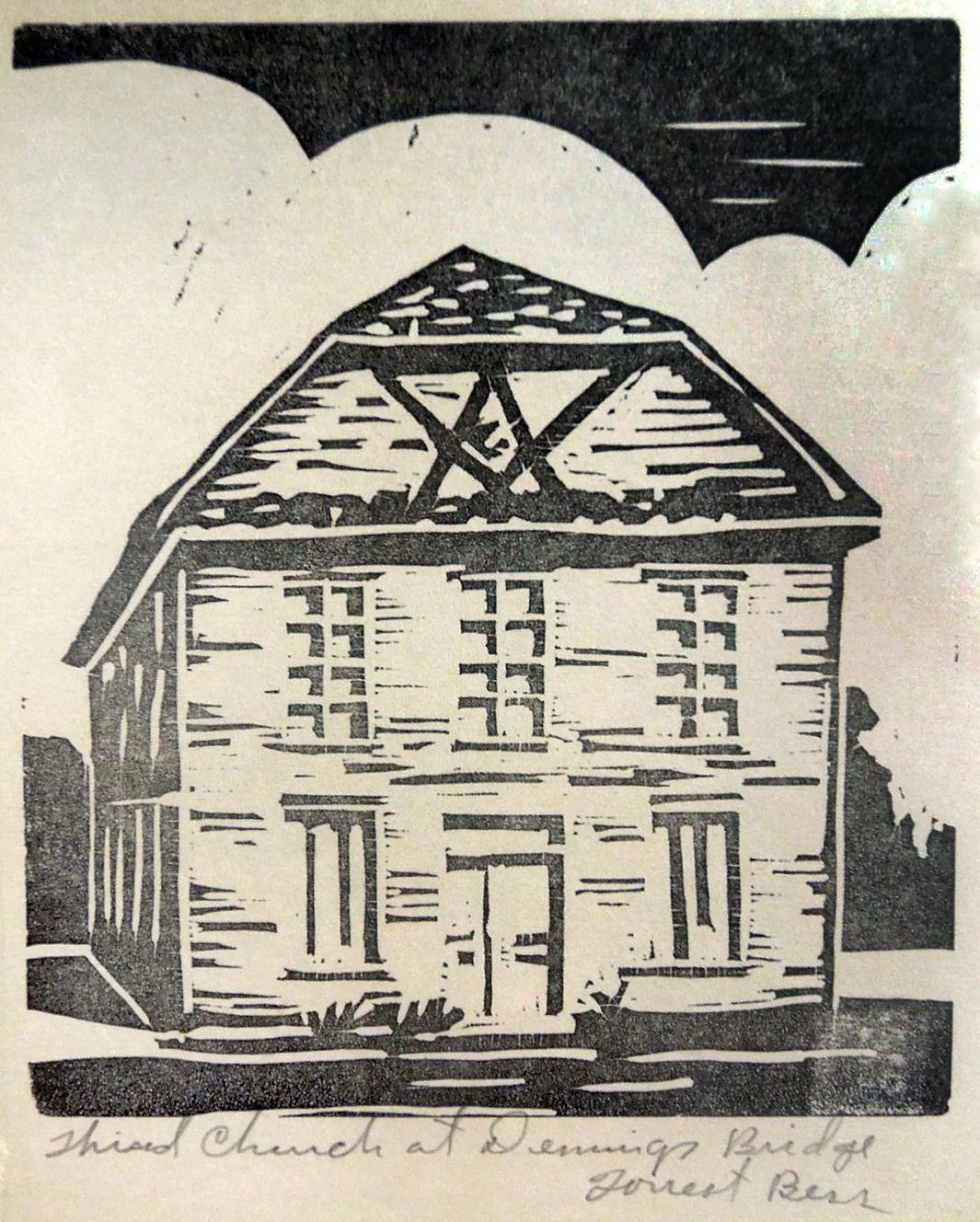 Forrest Bess - Third Church at Deming's Bridge - Linocut Print at 1stDibs