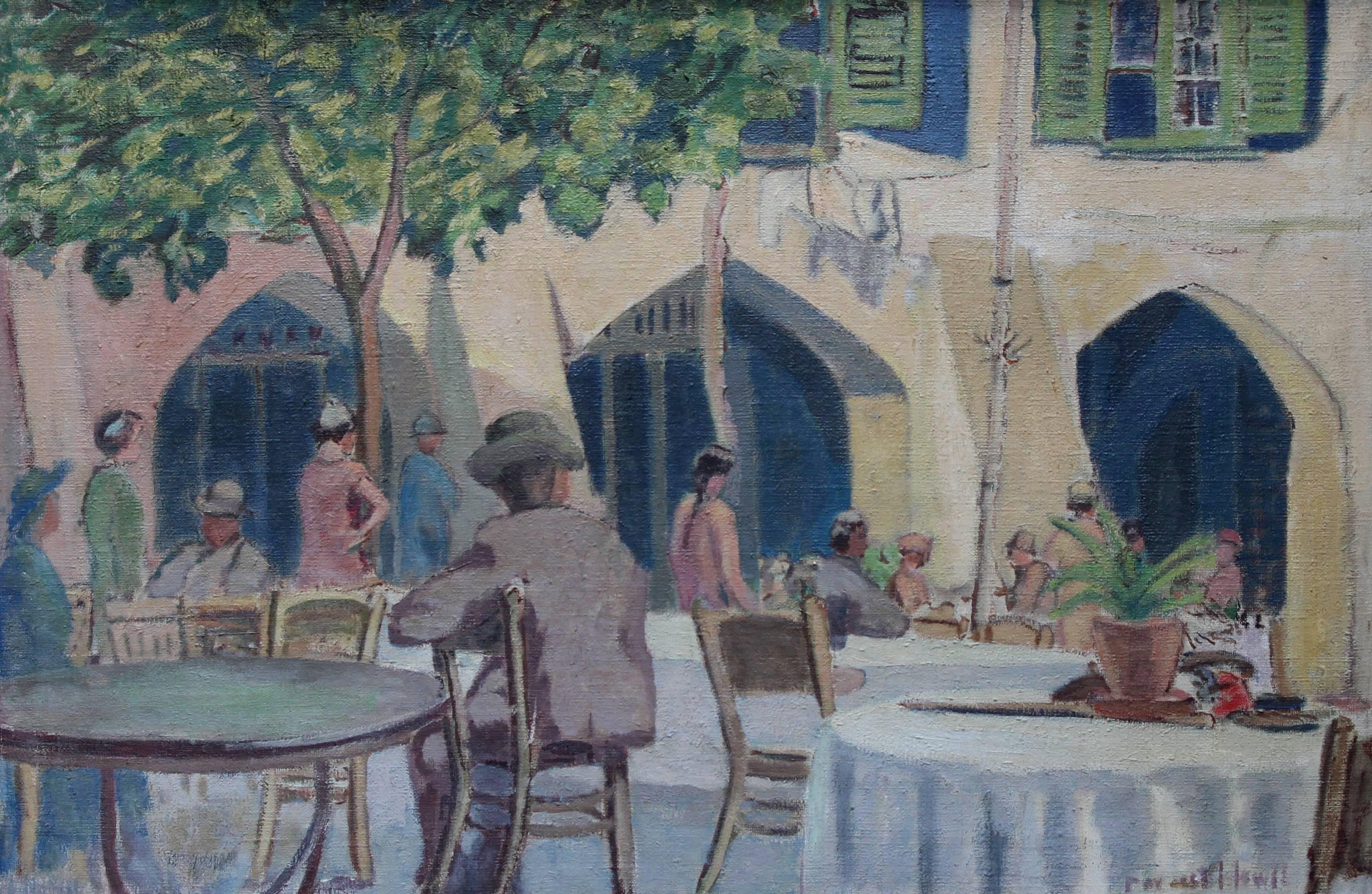 Cafe Porto Fino Italie - Peinture à l'huile post-impressionniste britannique - Côte d'Azur italienne - Painting de Forrest Hewit