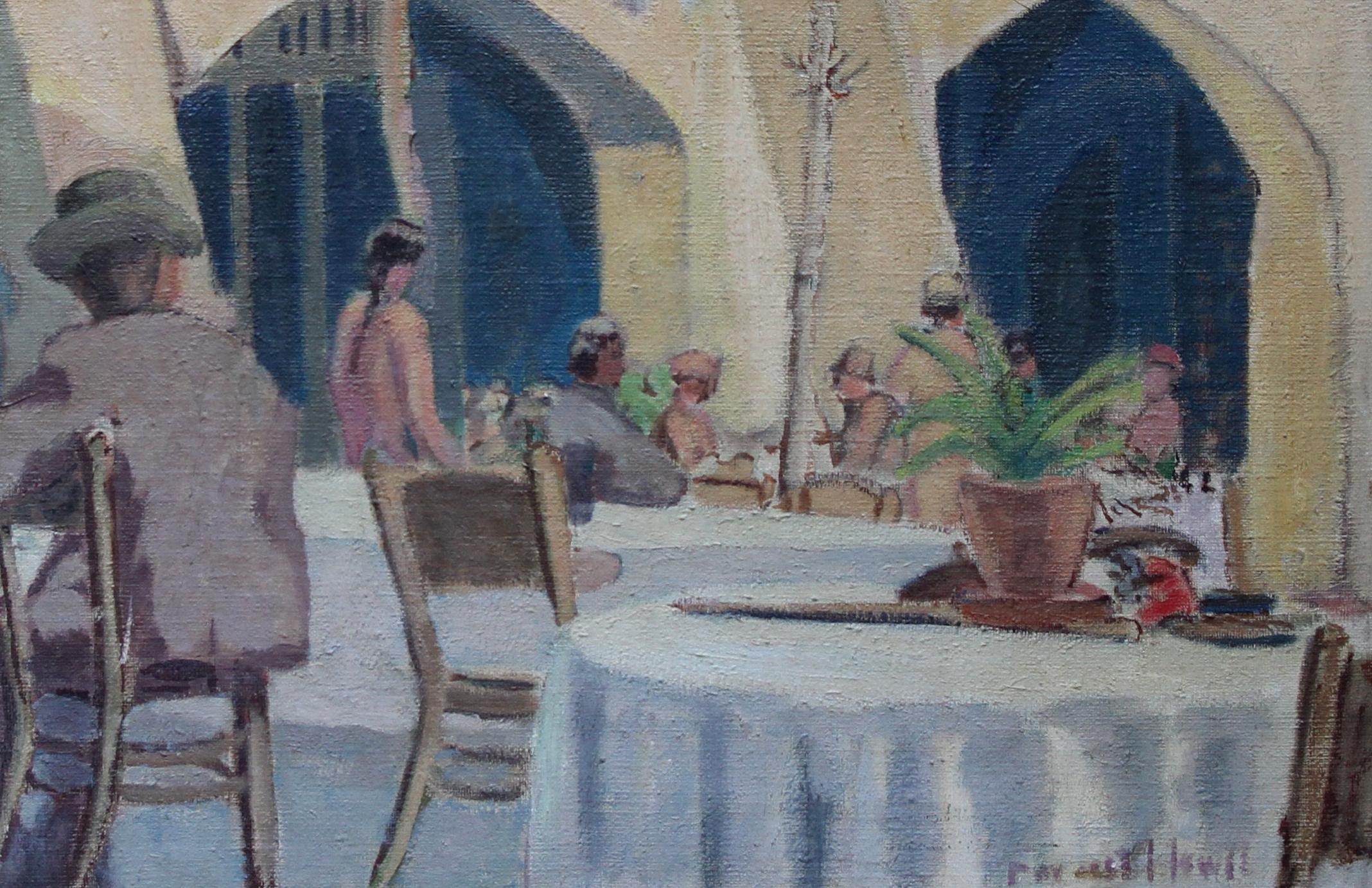 Cafe Porto Fino Italie - Peinture à l'huile post-impressionniste britannique - Côte d'Azur italienne - Post-impressionnisme Painting par Forrest Hewit