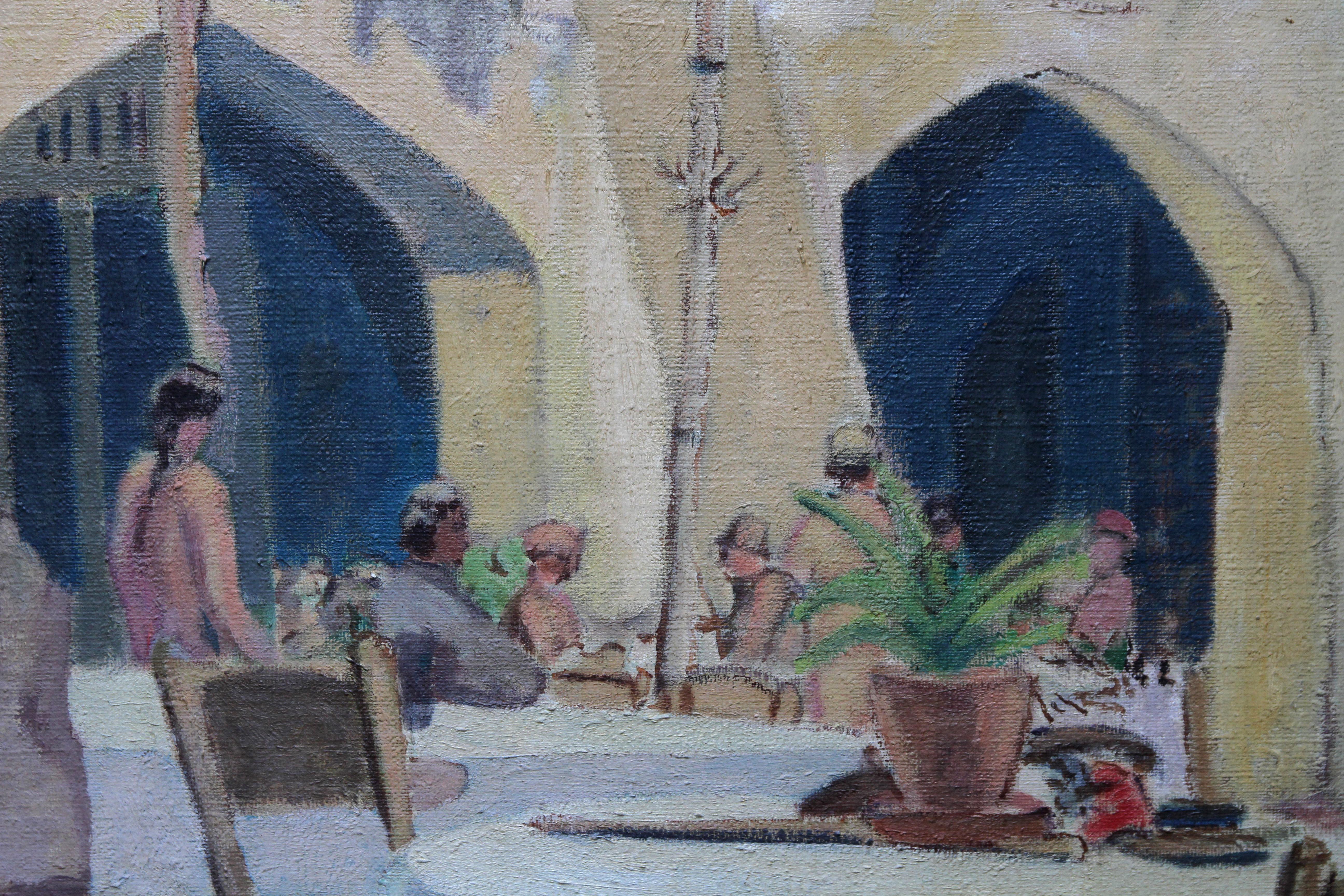 Cafe Porto Fino Italie - Peinture à l'huile post-impressionniste britannique - Côte d'Azur italienne en vente 1