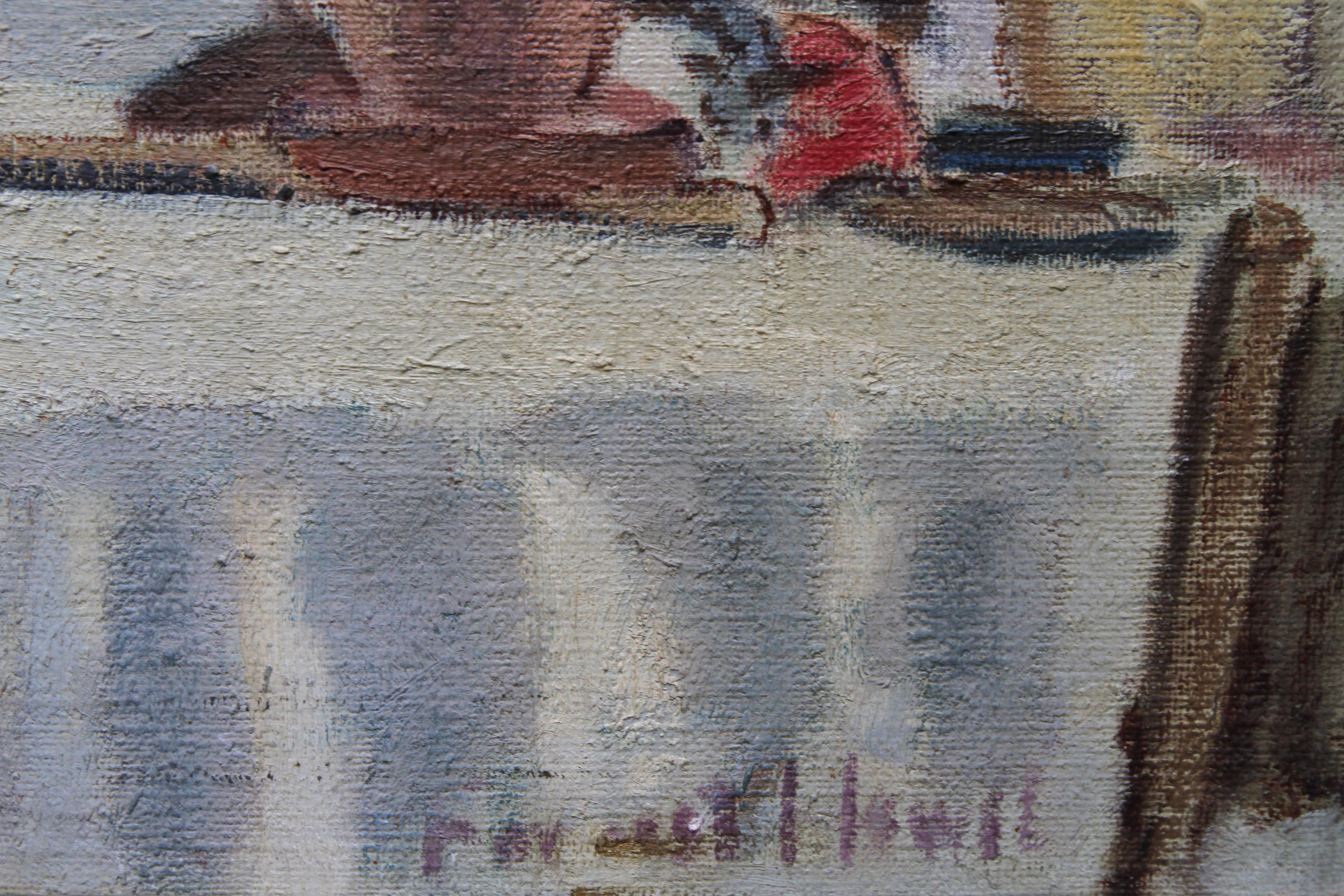 Cafe Porto Fino Italia - Pintura al óleo postimpresionista británica Riviera italiana en venta 2