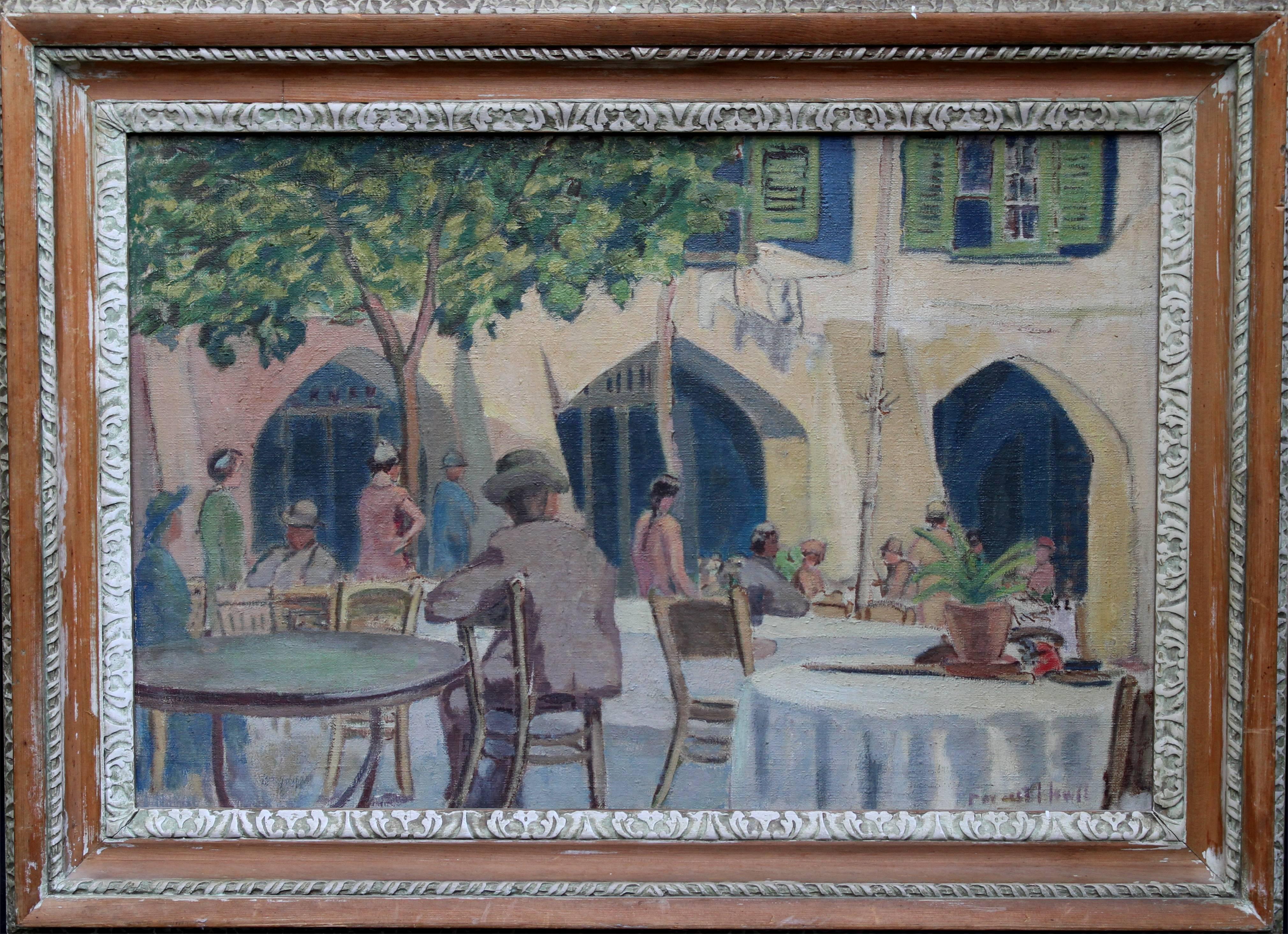 Figurative Painting Forrest Hewit - Cafe Porto Fino Italie - Peinture à l'huile post-impressionniste britannique - Côte d'Azur italienne