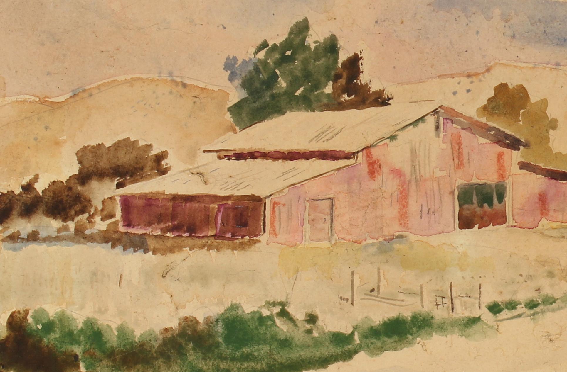 Forrest Hibbits Landscape Art - "The Old Ranch" Mid Century Oil & Graphite Landscape