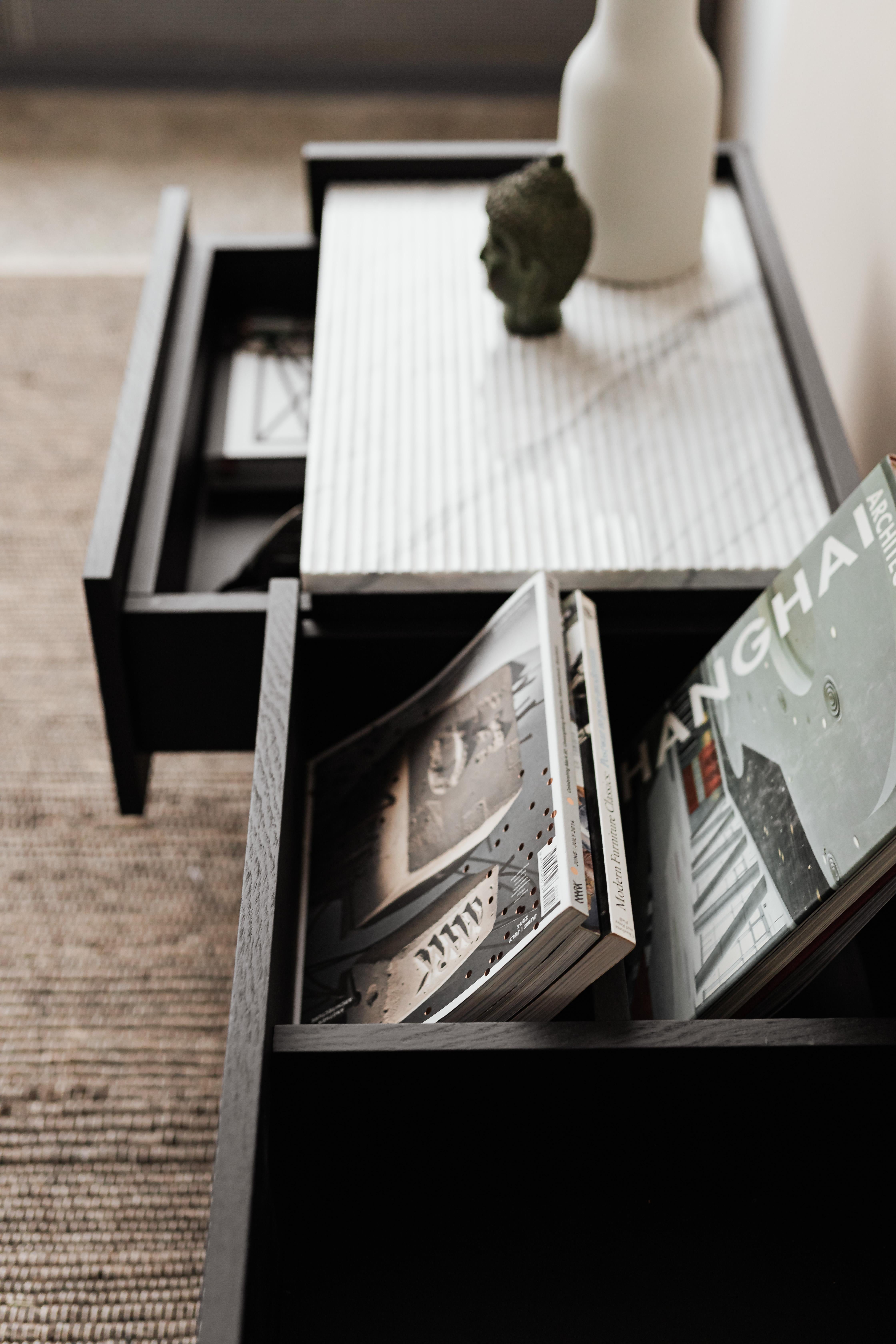 FORST SIDEBOARD is an impressive and functional dresser. On the left, it has a large TIP-ON drawer. On the right – three comfortable separators to highlight your vinyl records, favourite albums, vase or lamp. The dresser has a beautiful top