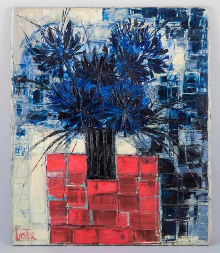 Forster, unknown artist. 
Oil on canvas.
Flowers in a vase. Modernist style. Blue and red palette.
Approximately 1970.
In excellent condition.
Signed.
Dimensions: 72 cm x 60 cm.