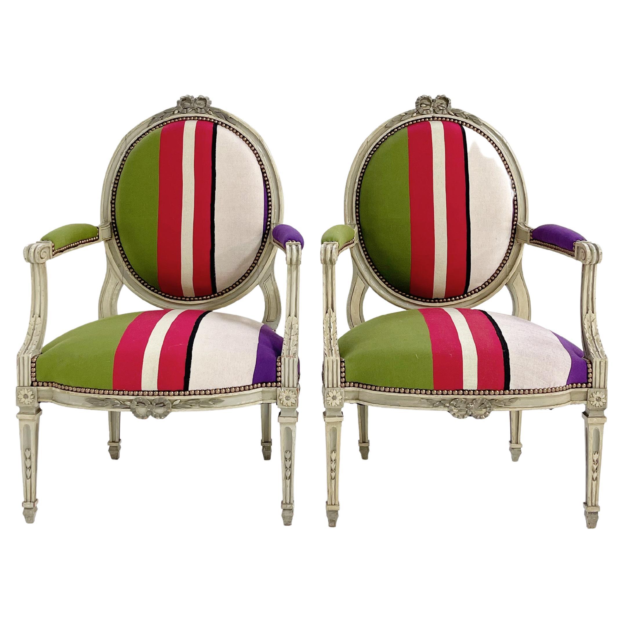 Forsyth 18th Century Louis XVI Fauteuils in Colville Cristobal Cotton, Pair