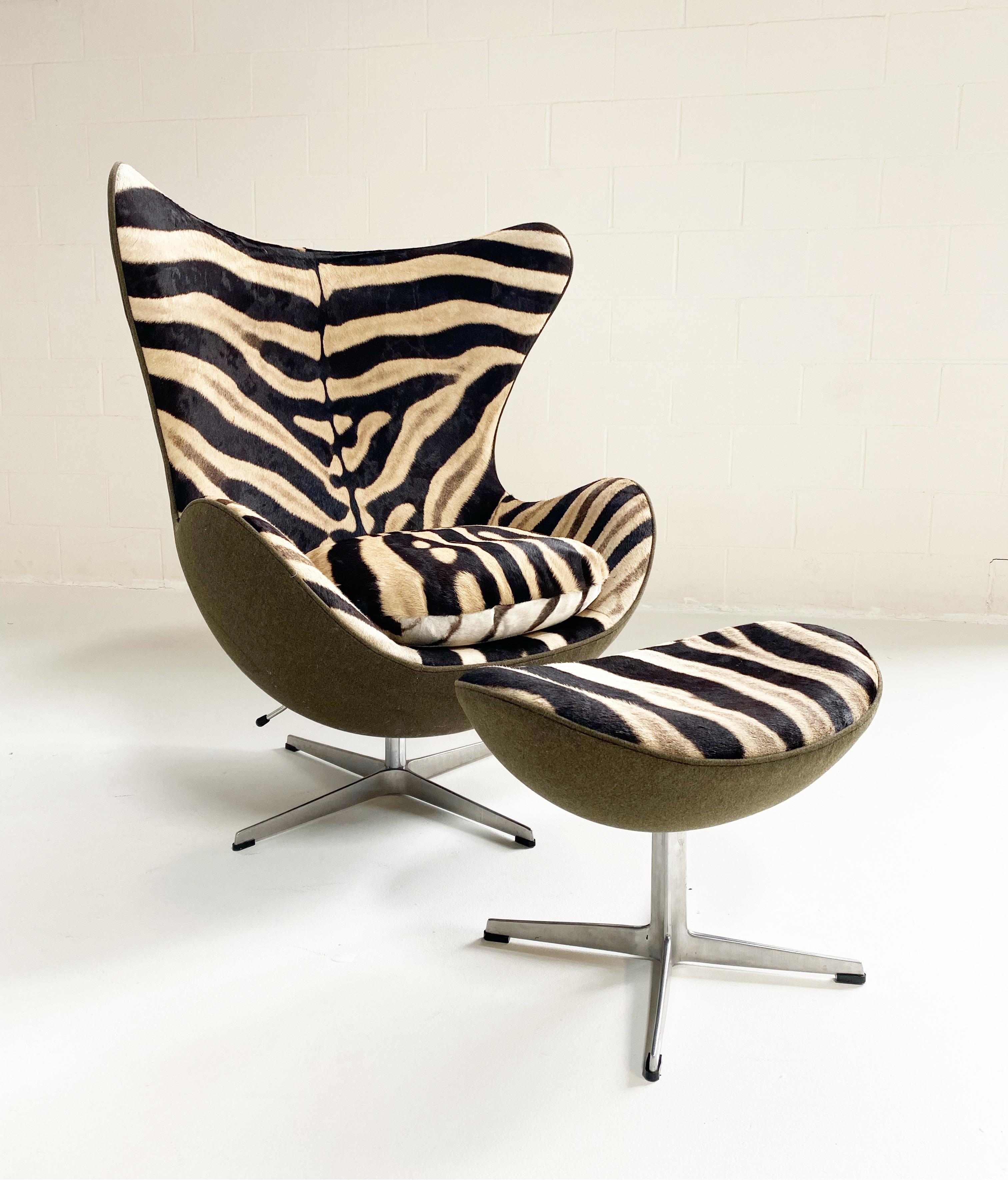 Scandinavian Modern Bespoke Arne Jacobsen Egg Chair and Ottoman in Zebra and Loro Piana Wool