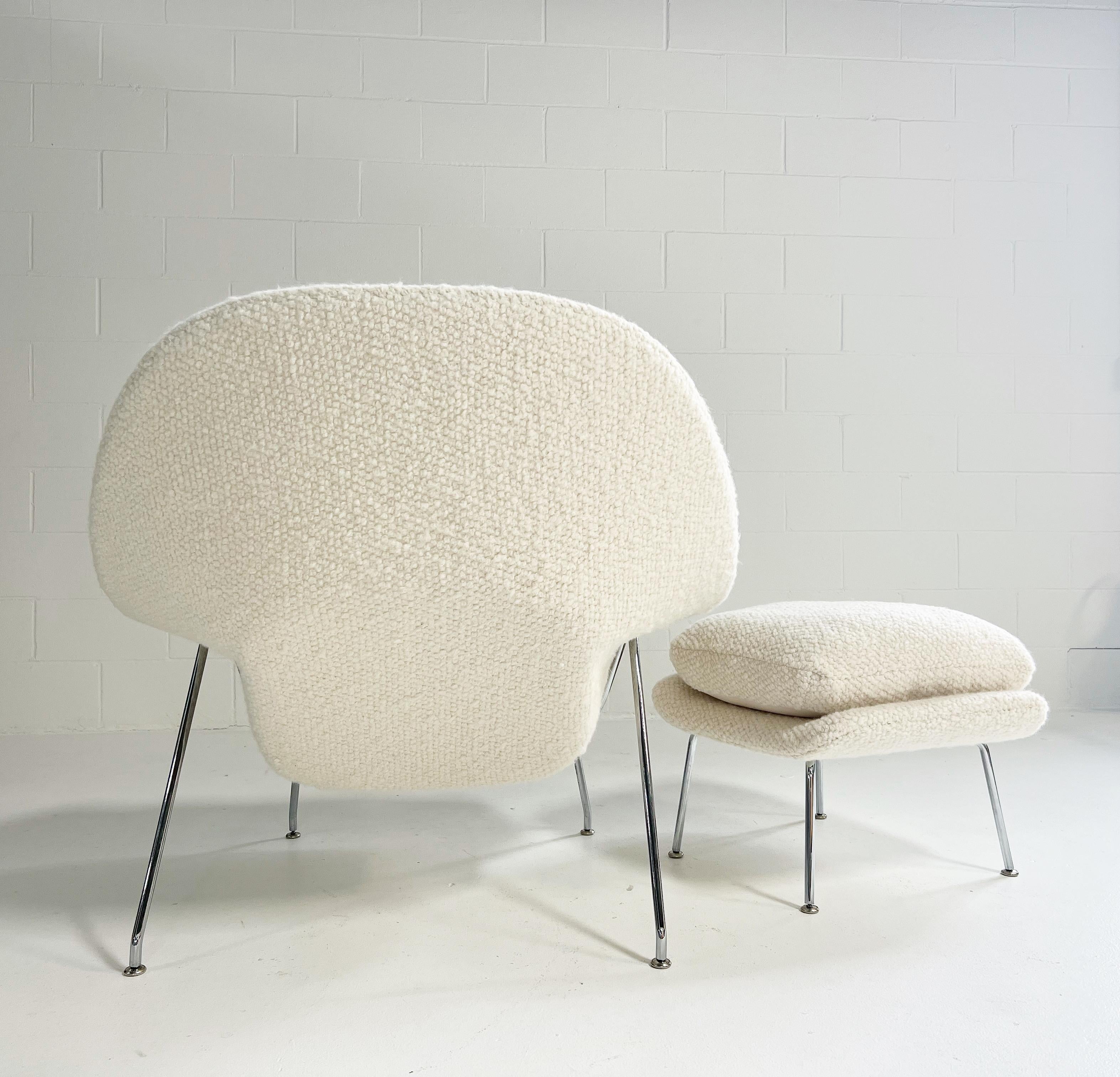 Lead Time: Please allow 10 to 12 weeks to restore a vintage Womb Chair and Ottoman in Dedar Boucle.

