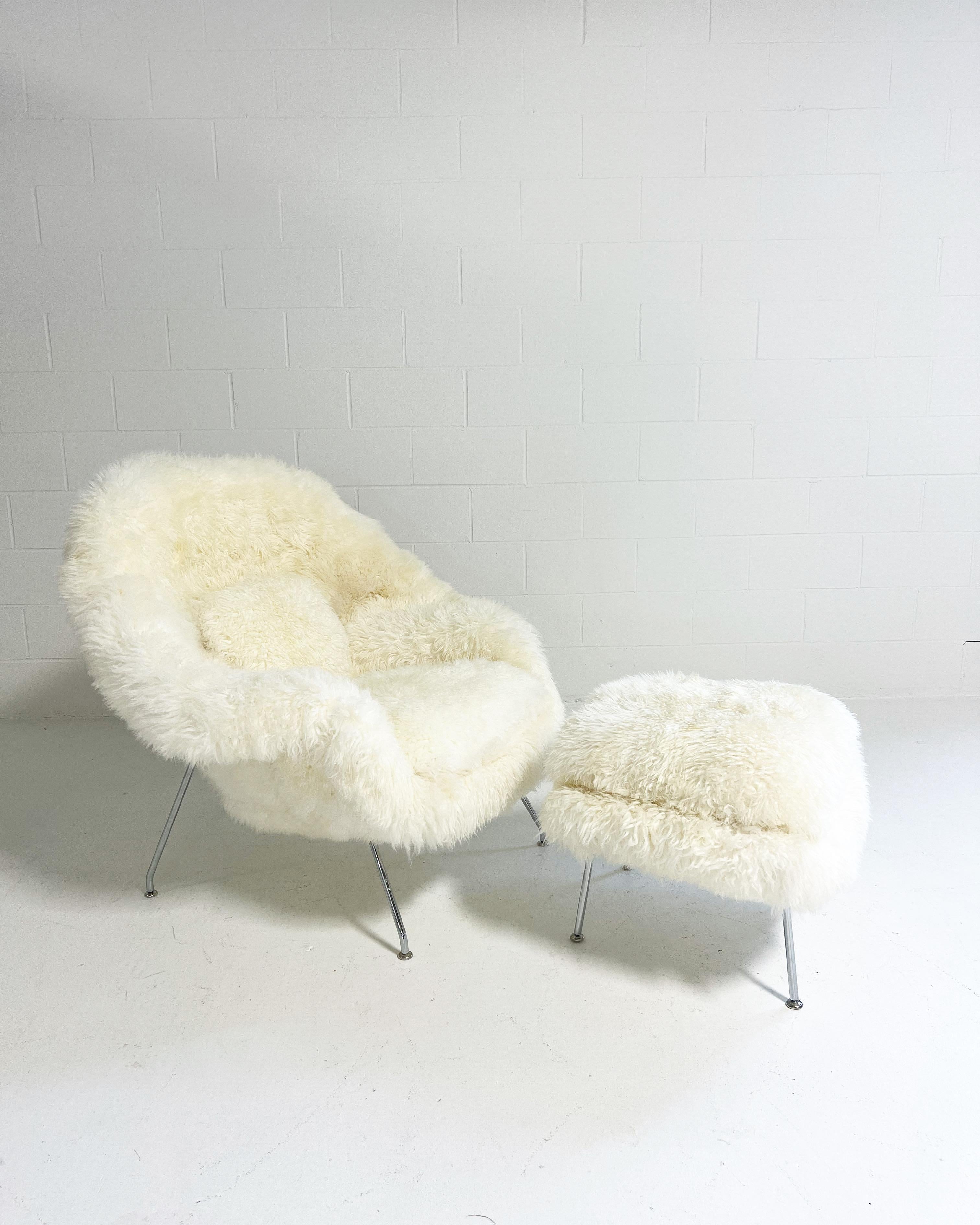 Lead Time: Please allow 10 to 12 weeks to restore a vintage Womb Chair and Ottoman in our wavy New Zealand sheepskin

