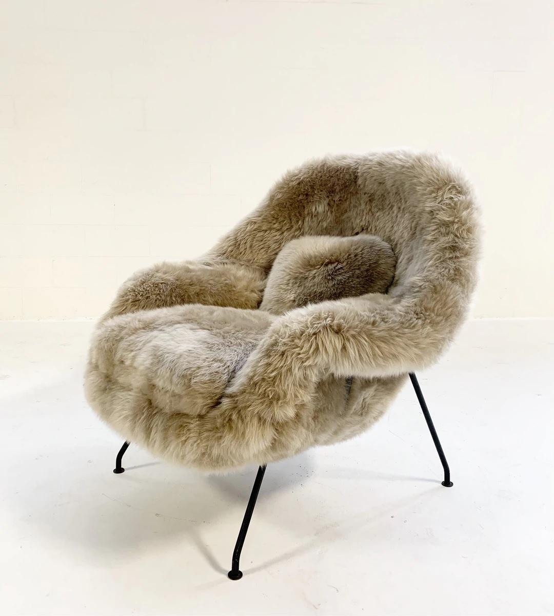Forsyth Bespoke Womb Chair and Ottoman in New Zealand Sheepskin, Smokey Taupe For Sale 1