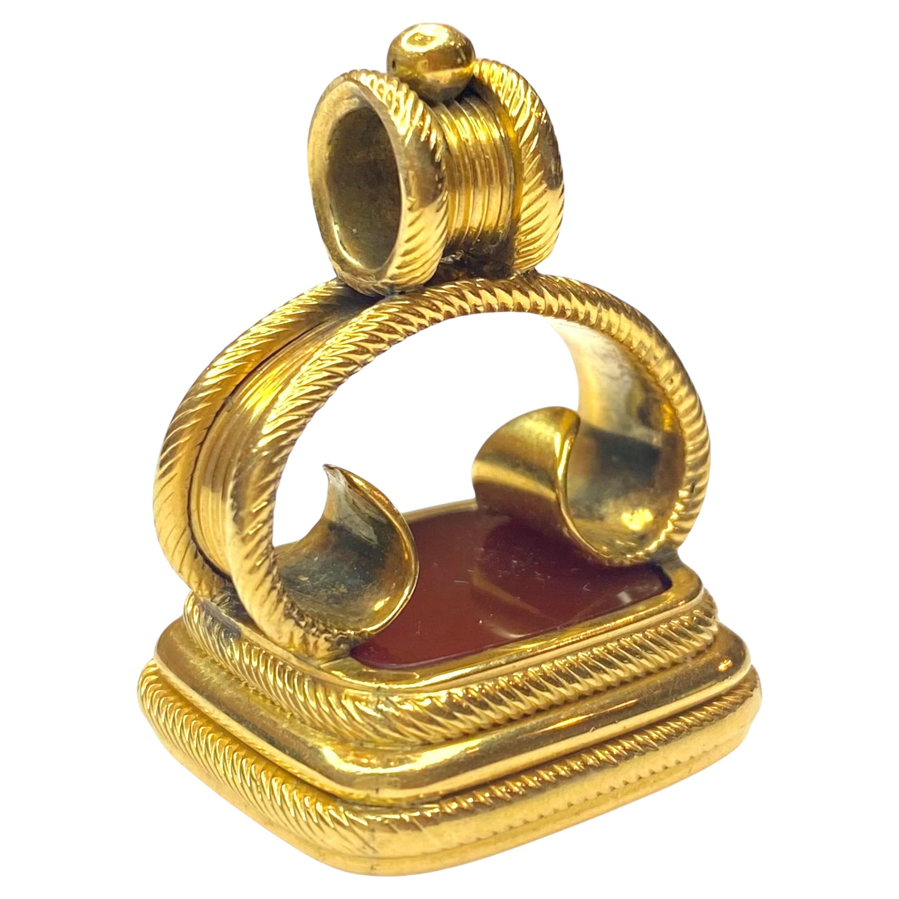 Ciondolo a forma di fionda in oro 14K con sigillo in corniola del clan Forsyth di grandi dimensioni