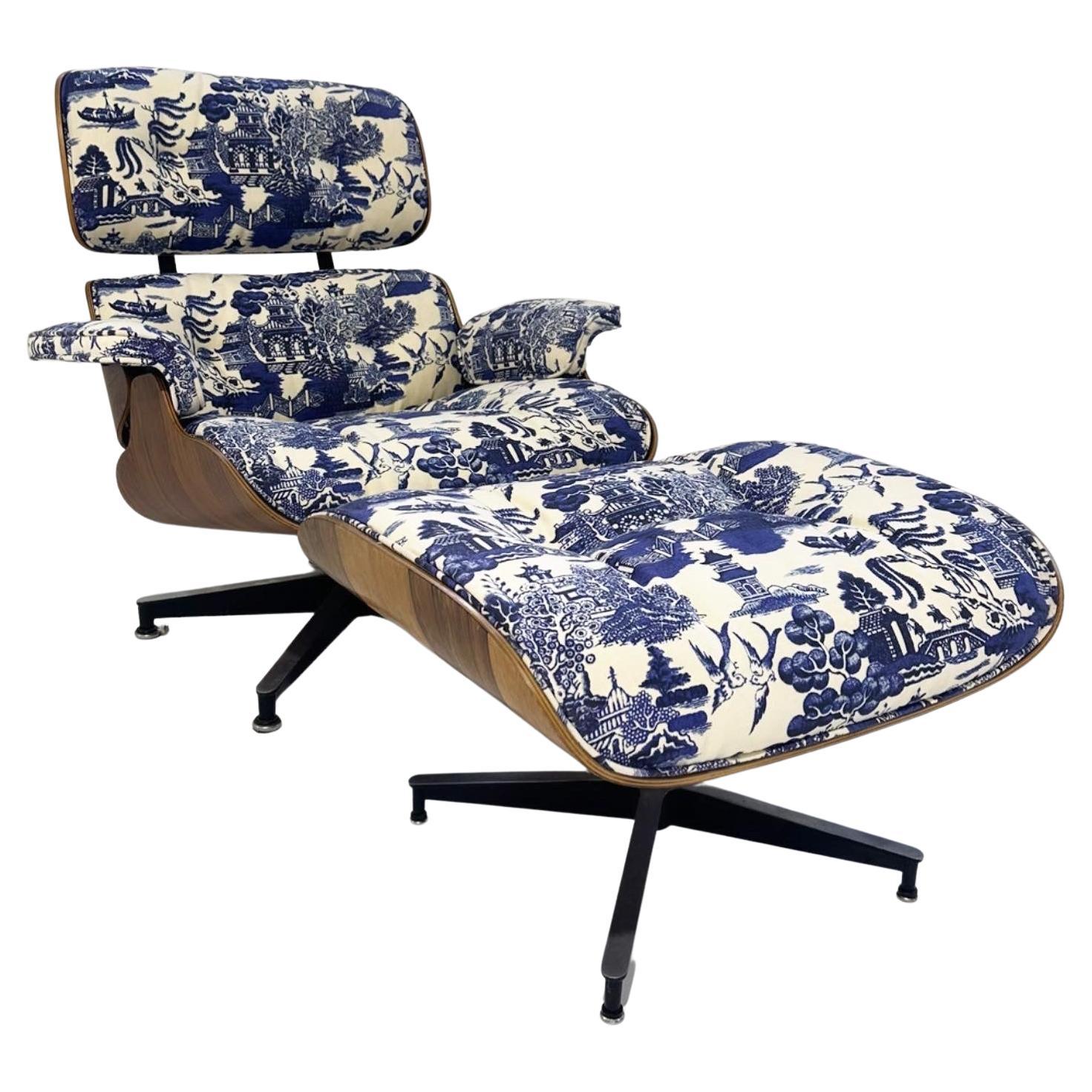 Chaise longue Eames 670 et ottomane 671 en lin et coton Beata Heuman en vente