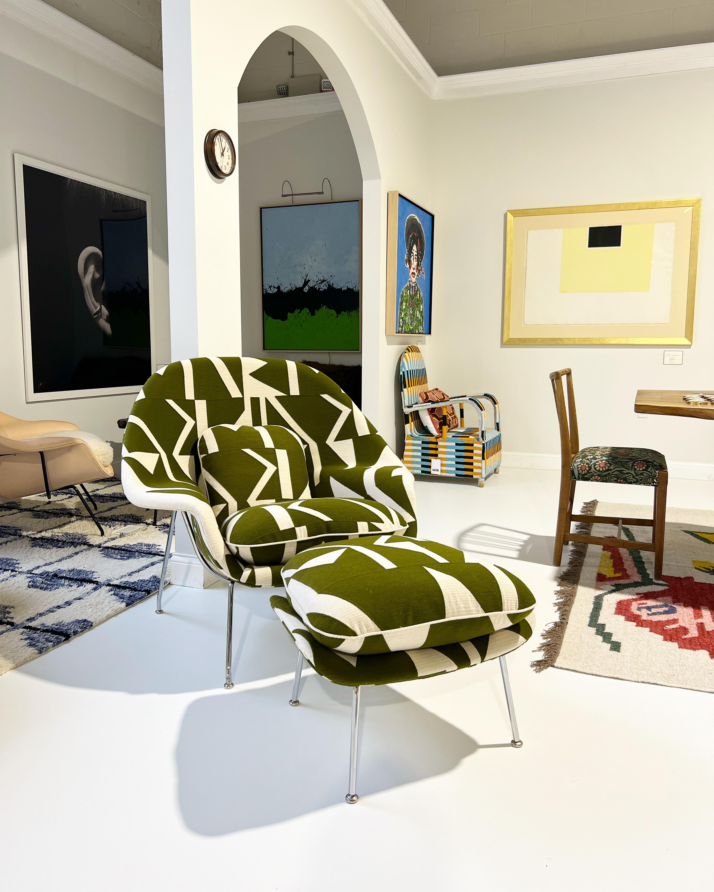 American Forsyth Eero Saarinen Womb Chair and Ottoman in Pierre Frey 'Wokabi' Fabric For Sale