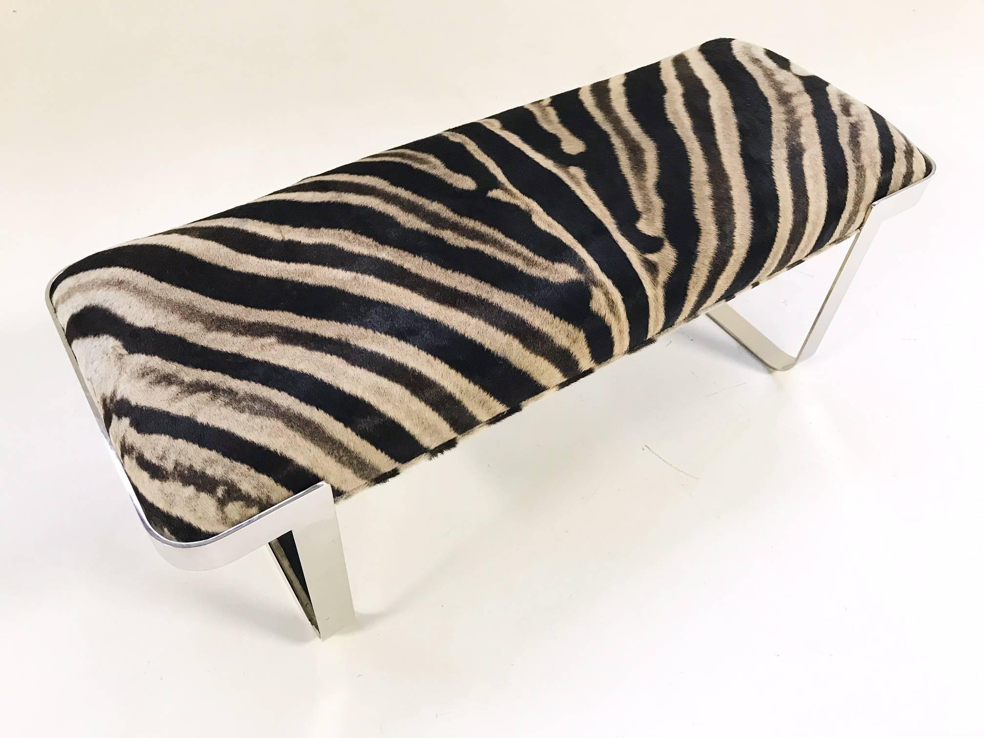 Milo Baughman Chrome Bench Restored in Zebra Hide In Excellent Condition In SAINT LOUIS, MO