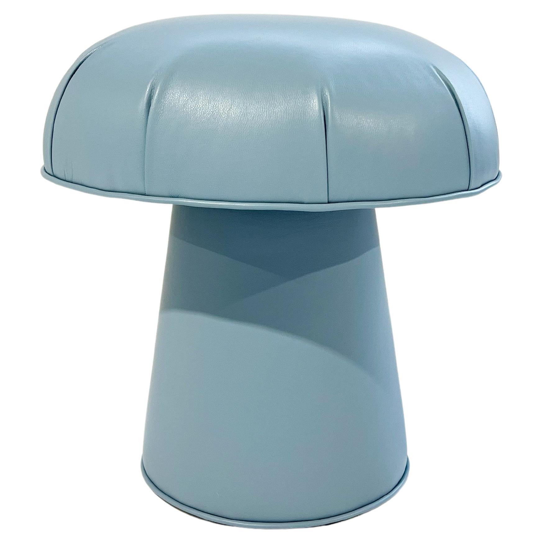 Forsyth Mushroom Pouf Ottoman in Blue Leather For Sale