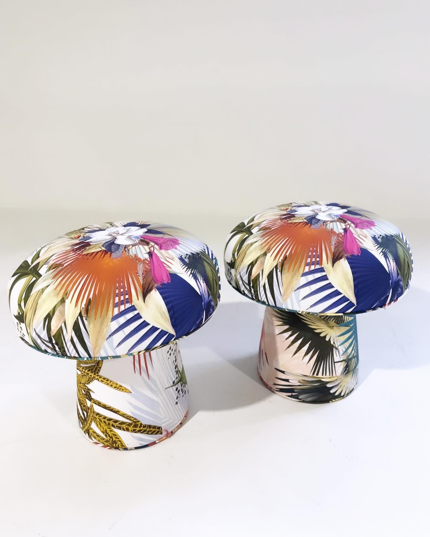 Velvet Forsyth Mushroom Pouf Ottoman in Christian Lacroix Oiseau de Bengale Camelia For Sale