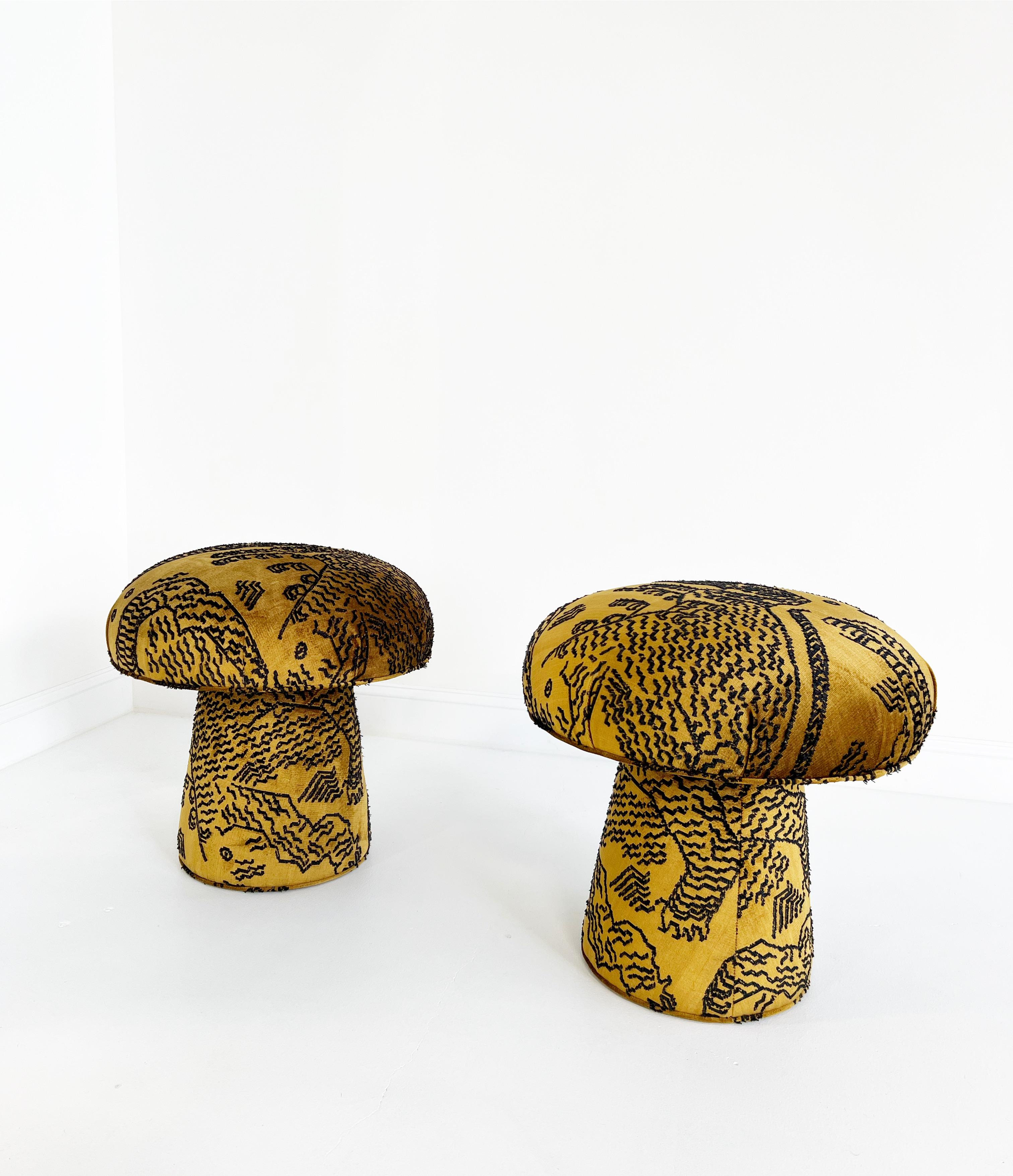Contemporary Forsyth Mushroom Pouf Ottoman in Dedar Jacquard Velvet For Sale
