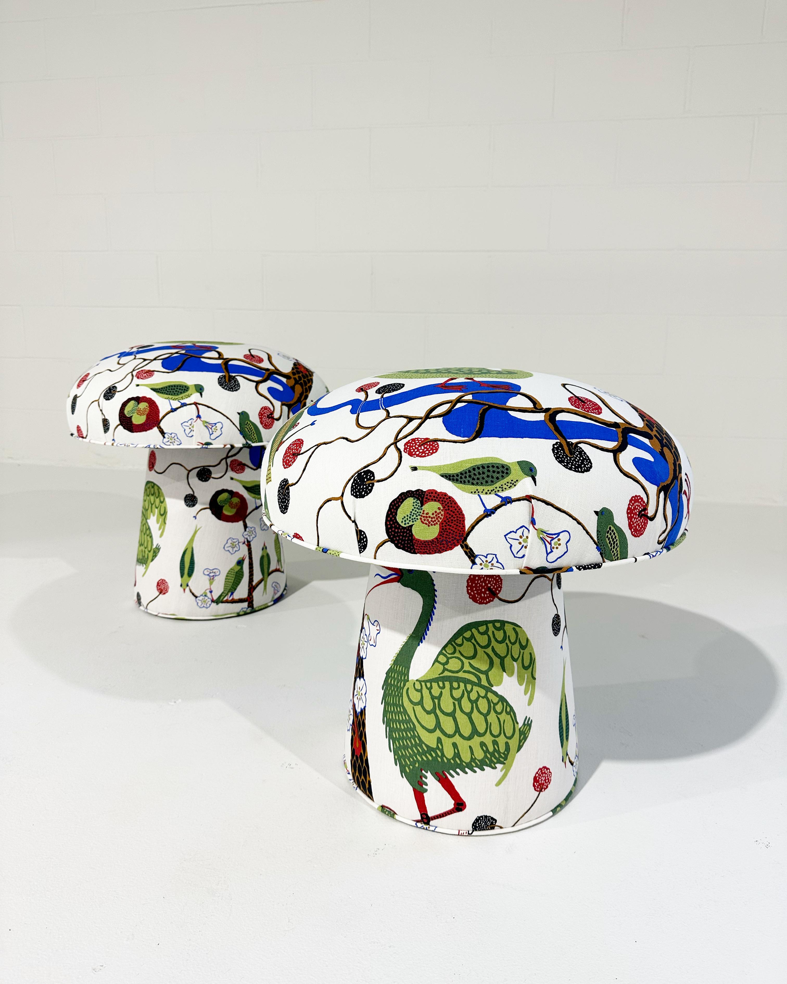 Forsyth Mushroom Pouf Ottoman in Josef Frank for Svenskt Tenn Gröna Fåglar Linen For Sale 4