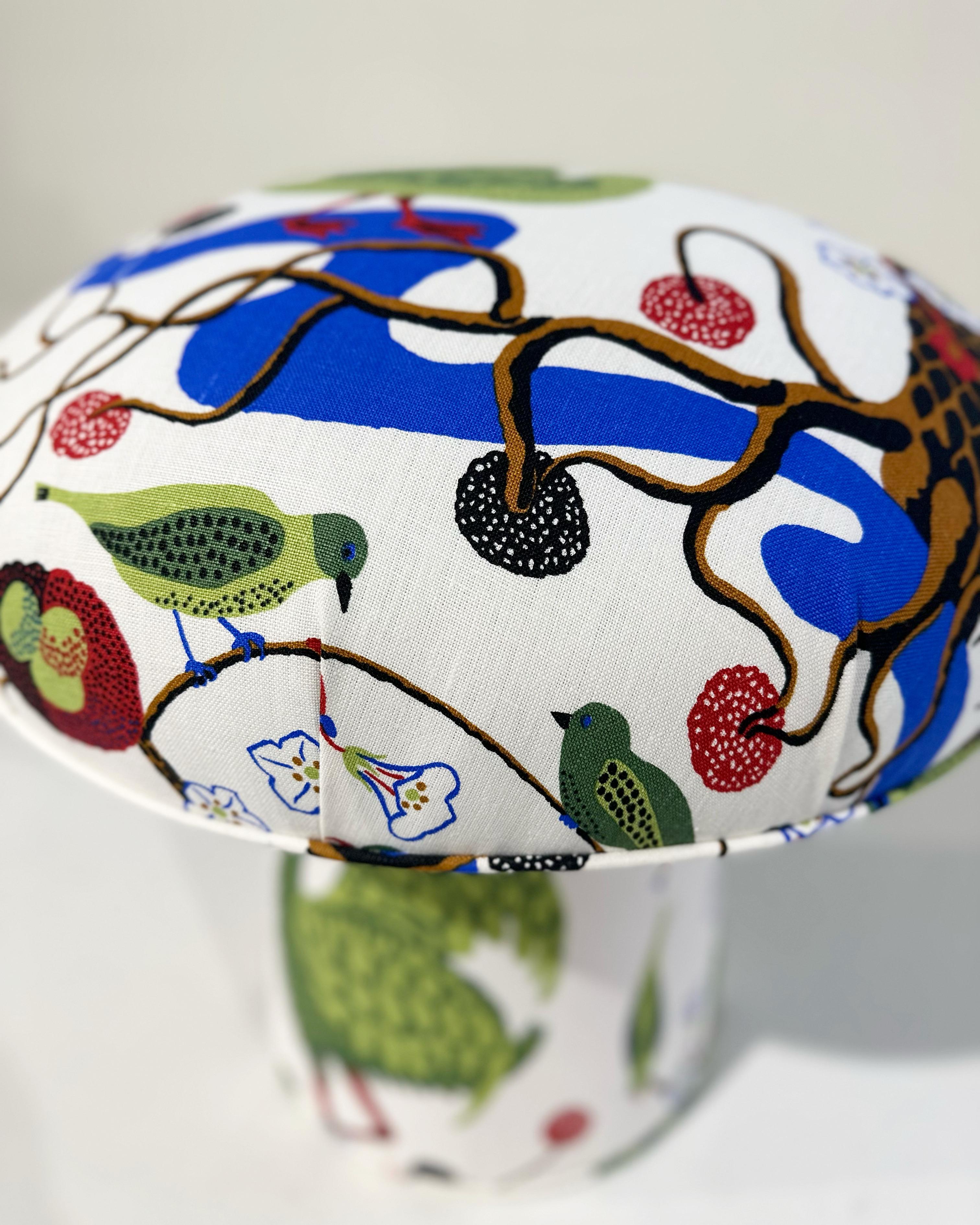 American Forsyth Mushroom Pouf Ottoman in Josef Frank for Svenskt Tenn Gröna Fåglar Linen For Sale