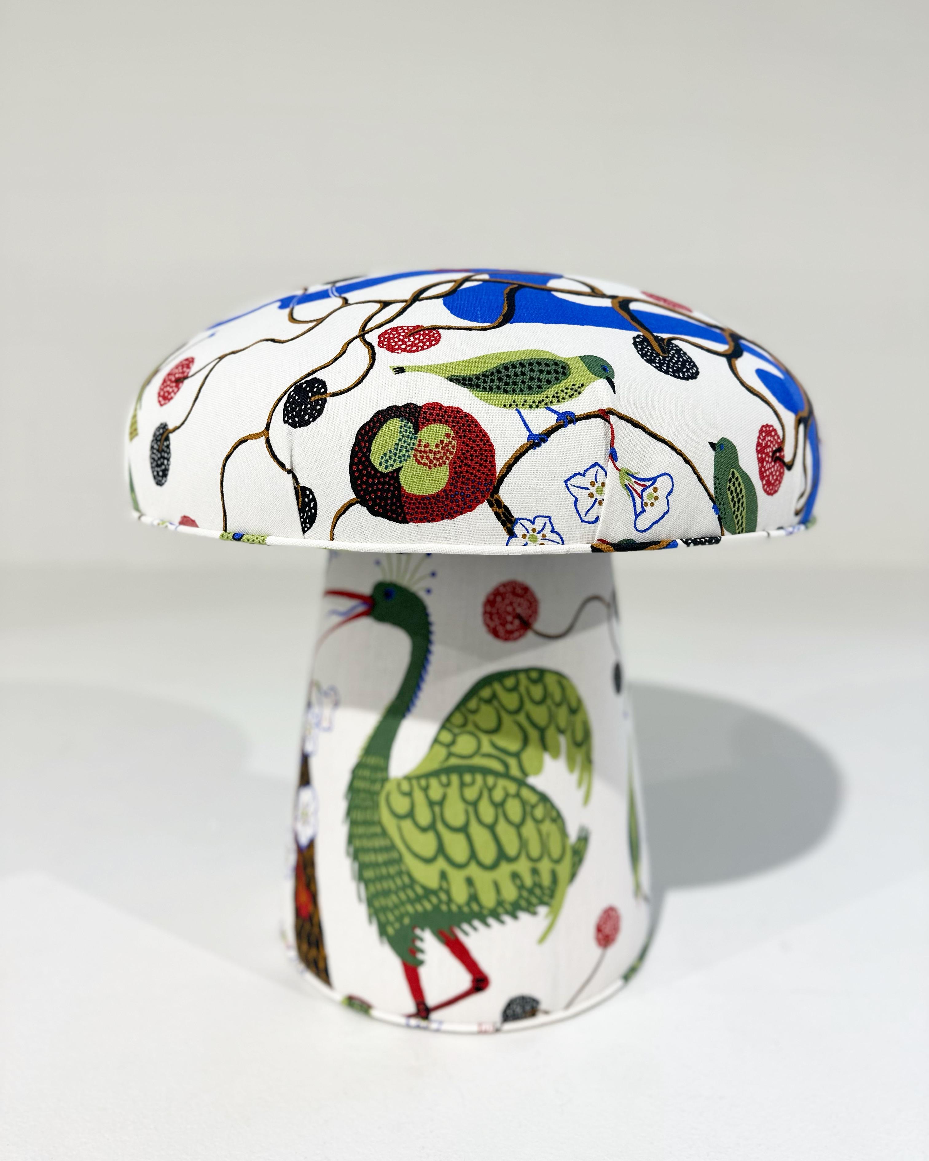 Contemporary Forsyth Mushroom Pouf Ottoman in Josef Frank for Svenskt Tenn Gröna Fåglar Linen For Sale