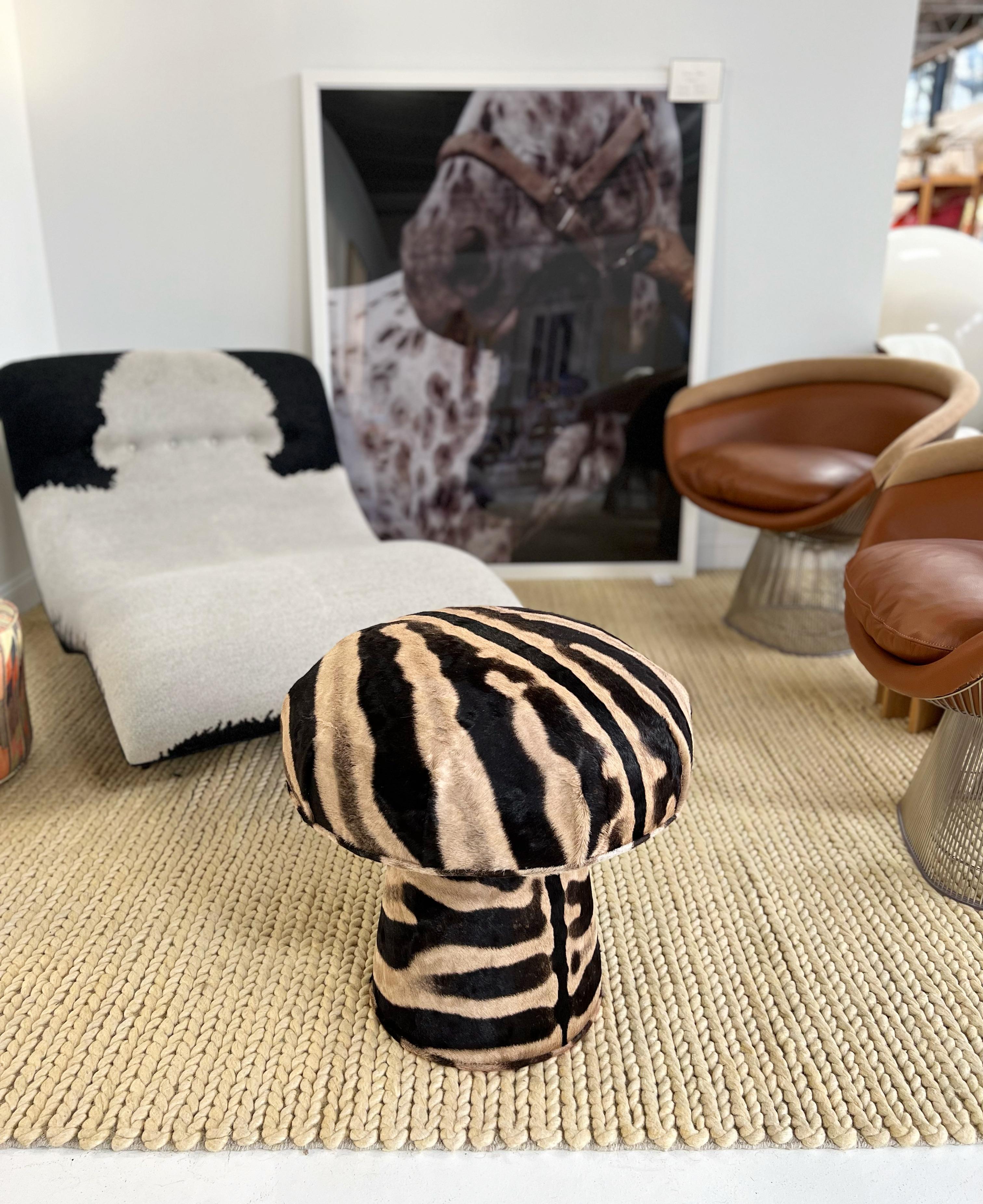 Zebra Hide Forsyth Mushroom Pouf Ottoman in Zebra For Sale