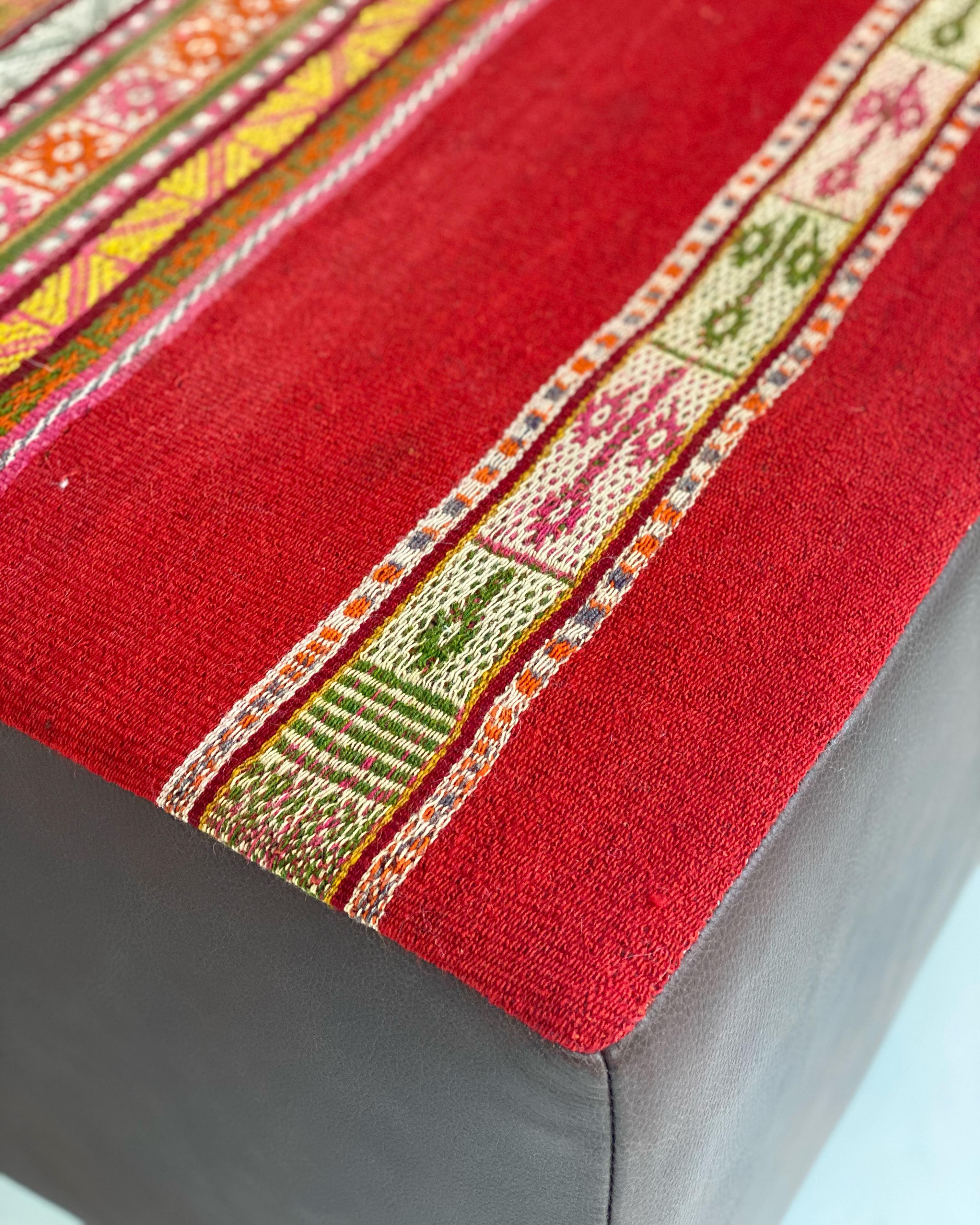 Forsyth One-of-a-kind Ottoman with Vintage Peruvian Textile, Red For Sale 3
