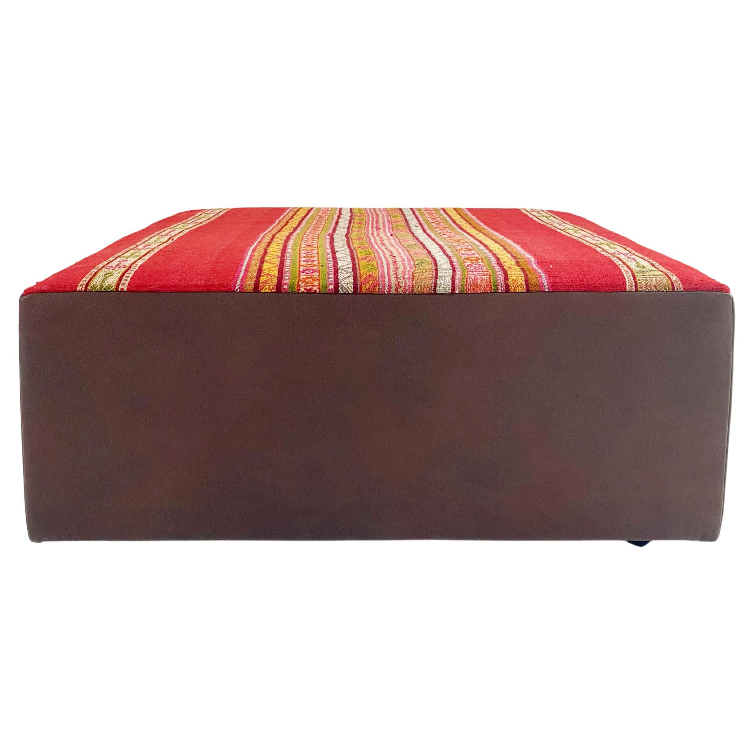 Forsyth One-of-a-kind Ottoman with Vintage Peruvian Textile, Red For Sale