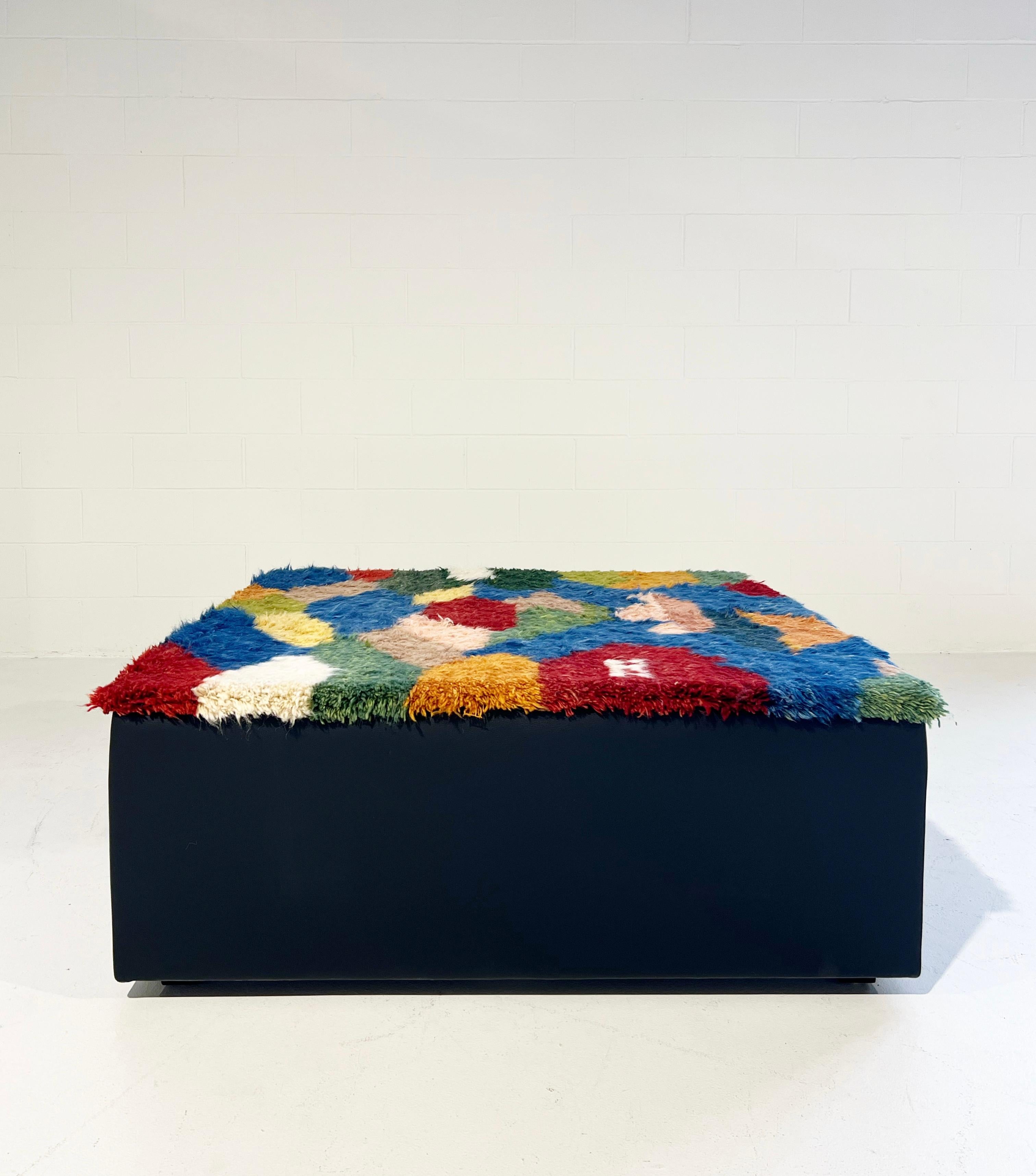 Leather Forsyth One-of-a-kind Ottoman with Vintage Qashqai Gabbeh Rug from Iran For Sale