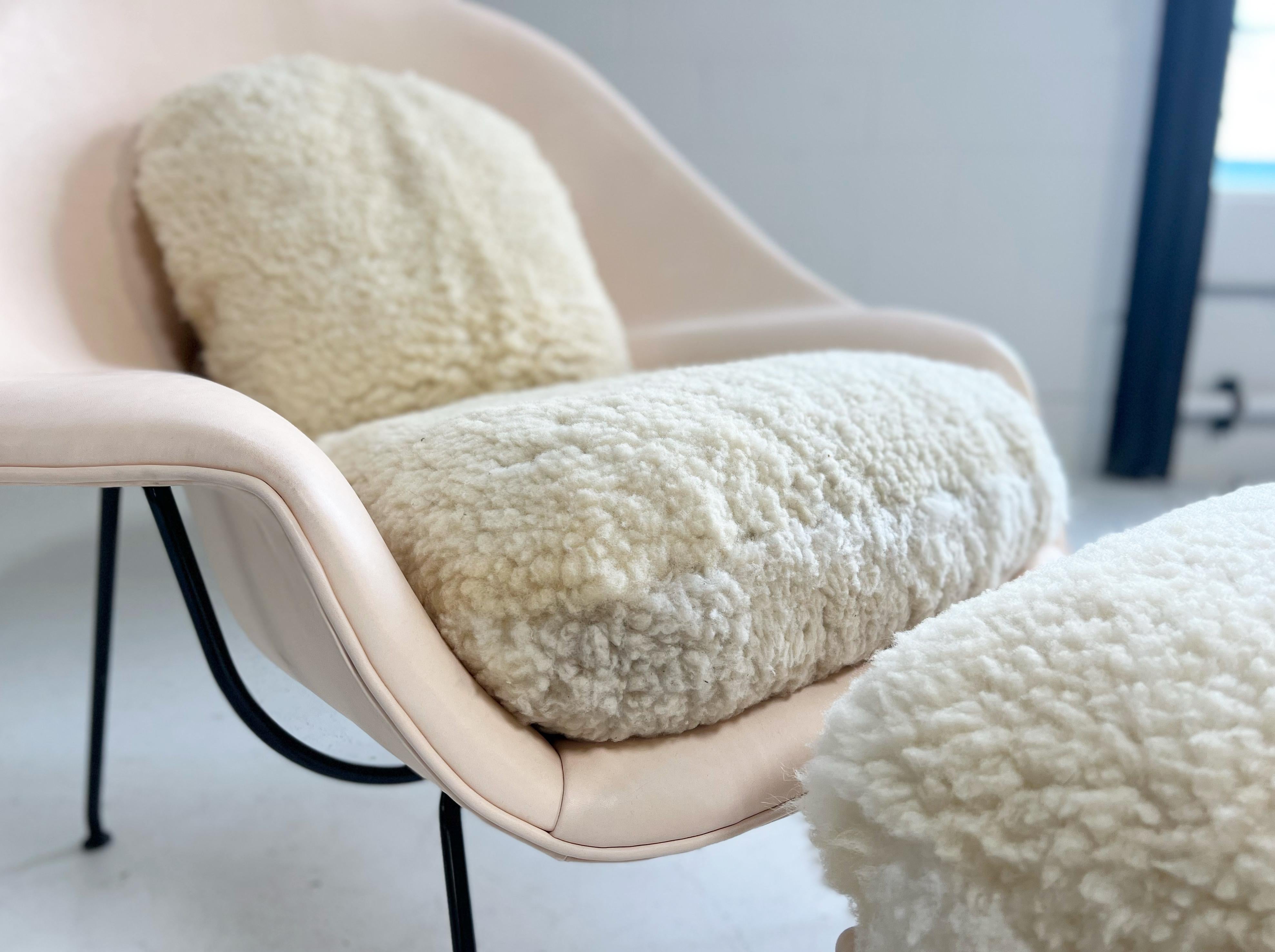 Mid-Century Modern Forsyth One-of-a-Kind Womb Chair and Ottoman Restored in Sheepskin and Leather