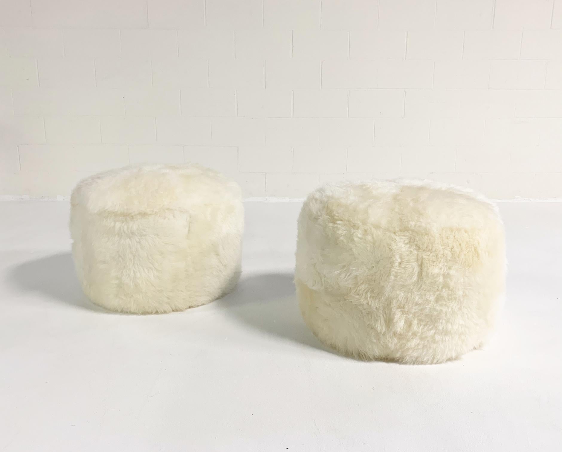Part of the Forsyth signature collection. Our luxurious sheepskin pouf ottomans are handcrafted from our beautiful Brazilian sheepskins. The most beautiful sheepskins are selected, hand cut, hand stitched, and hand stuffed. Down feathers fill each