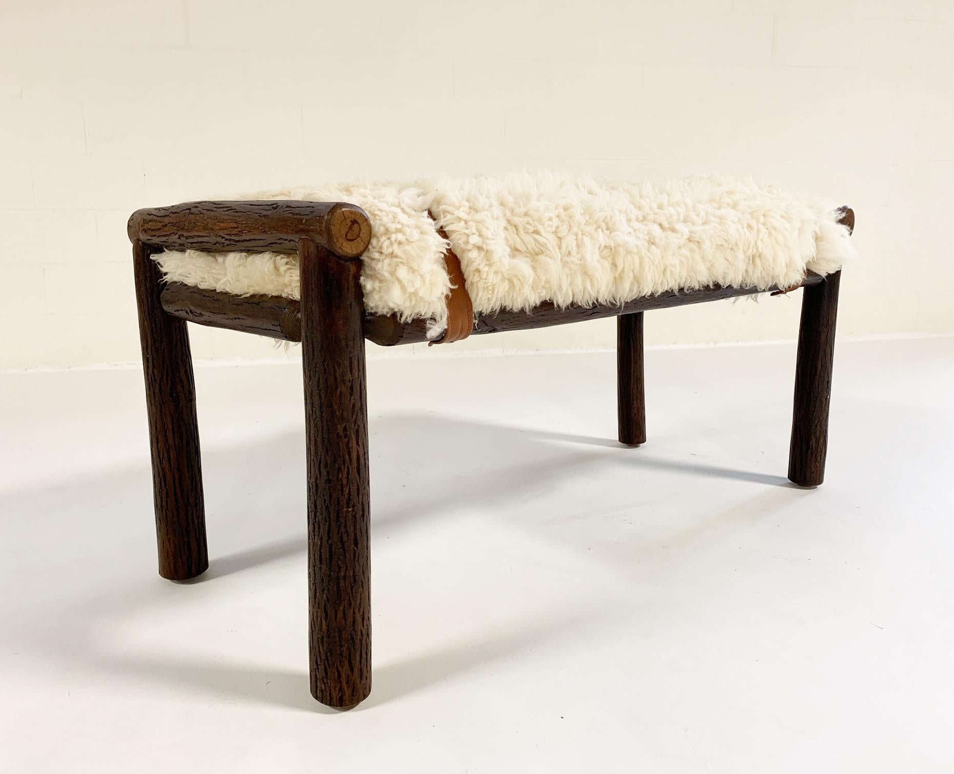 Modern Forsyth x Old Hickory Butte Bench with Custom California Sheepskin Cushion For Sale