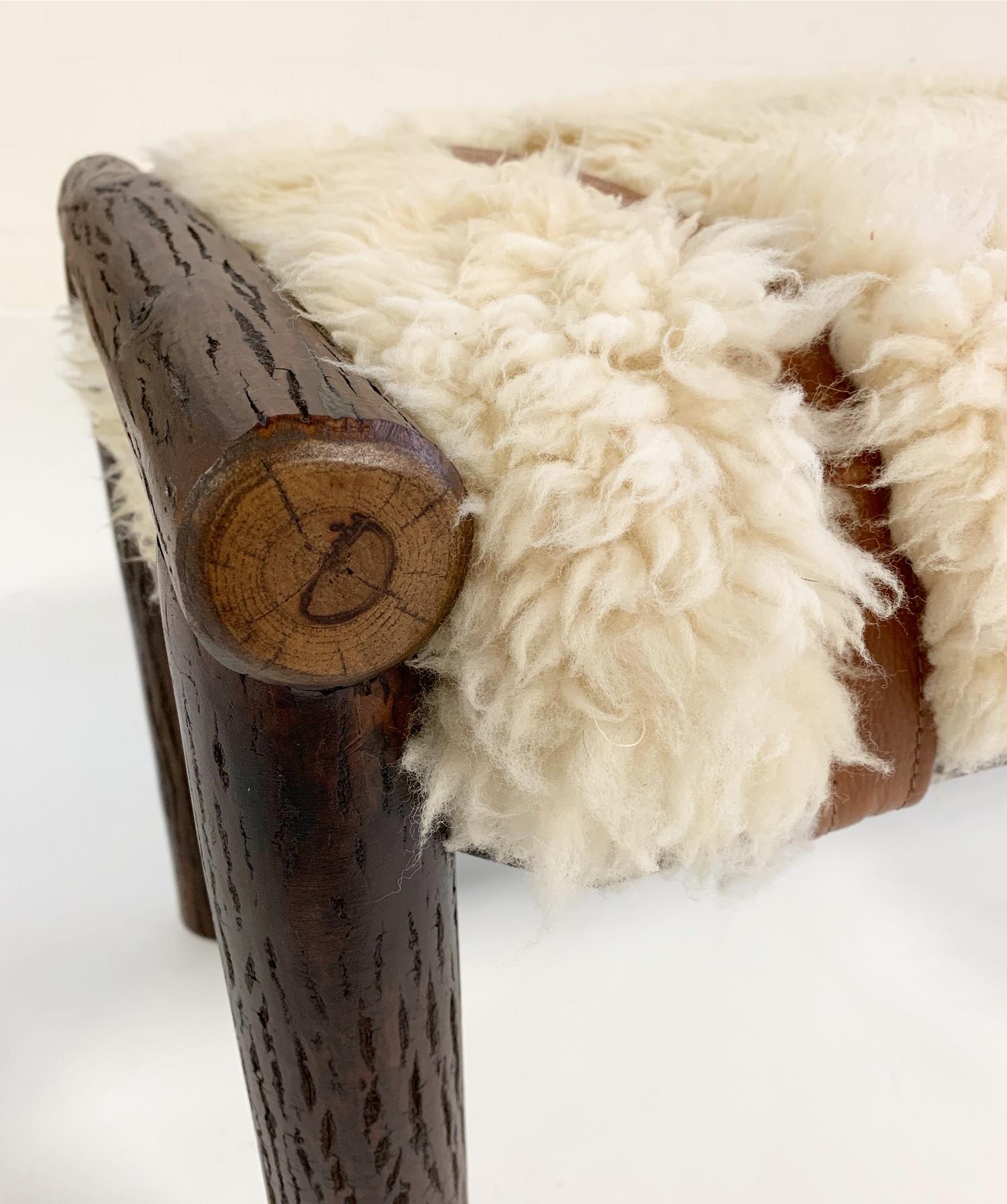 American Forsyth x Old Hickory Butte Bench with Custom California Sheepskin Cushion For Sale
