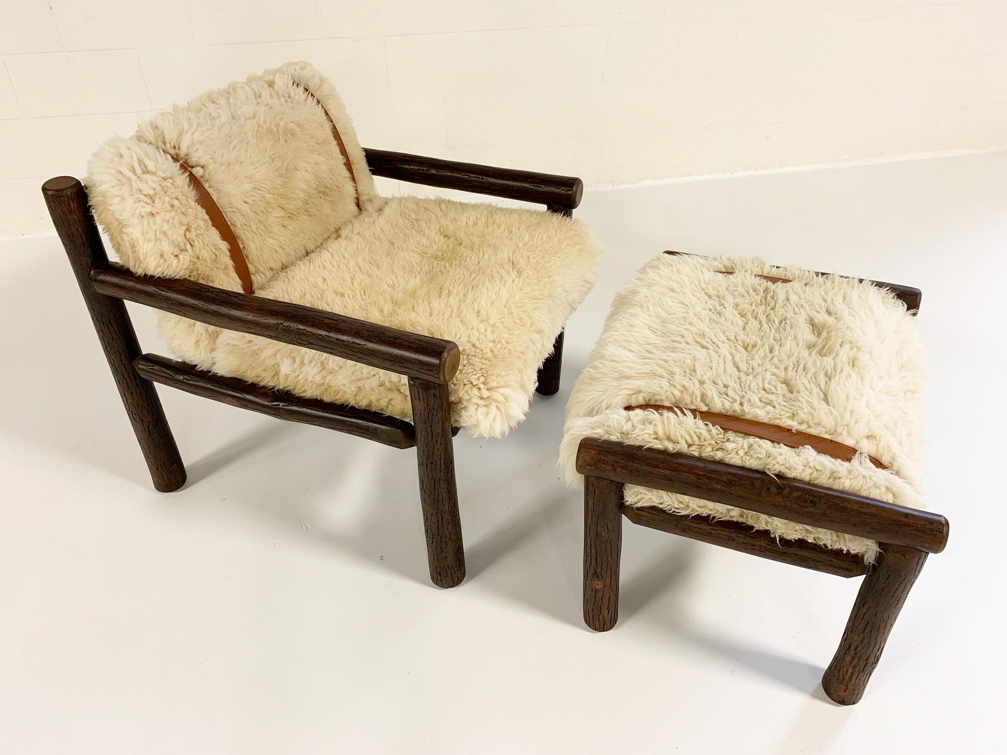 Modern Forsyth X Old Hickory Butte Chair and Ottoman with Custom Sheepskin Cushions