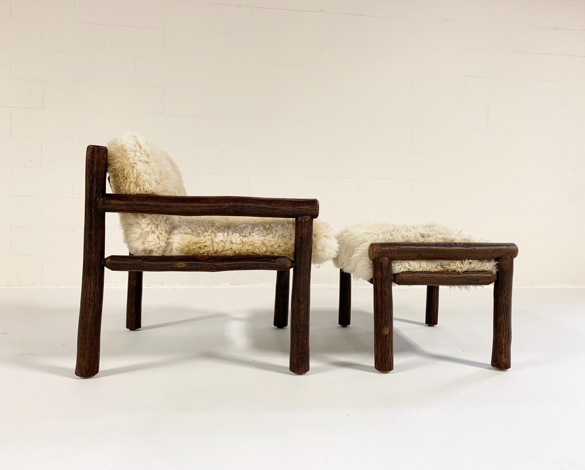 Modern Forsyth X Old Hickory Butte Chair and Ottoman with Custom Sheepskin Cushions For Sale