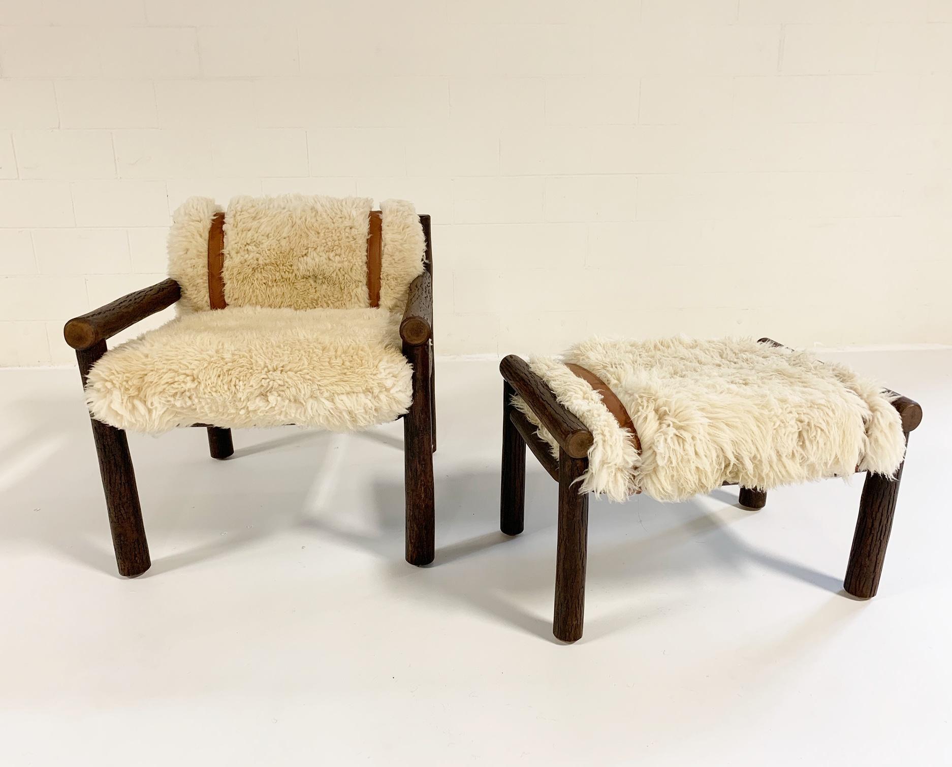 American Forsyth X Old Hickory Butte Chair and Ottoman with Custom Sheepskin Cushions For Sale