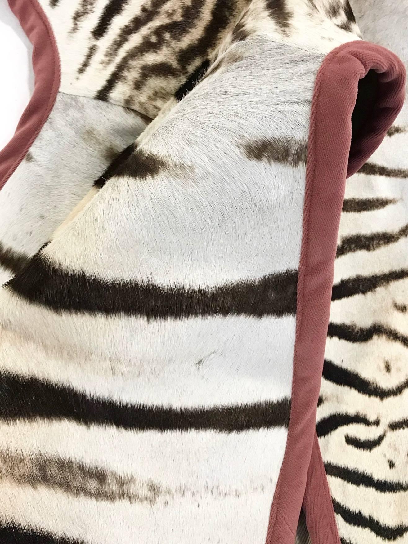 Forsyth Zebra Hide Rug Trimmed in Blush Velvet In Excellent Condition In SAINT LOUIS, MO