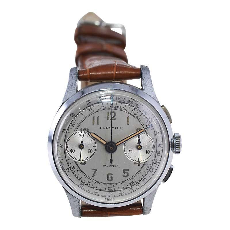 Montre chronographe Forsythe en acier avec cadran original non restauré des années 1940 en vente 2