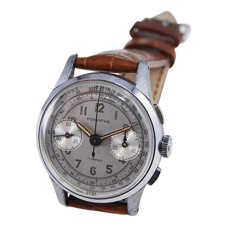 Montre chronographe Forsythe en acier avec cadran original non restauré des années 1940 en vente 3