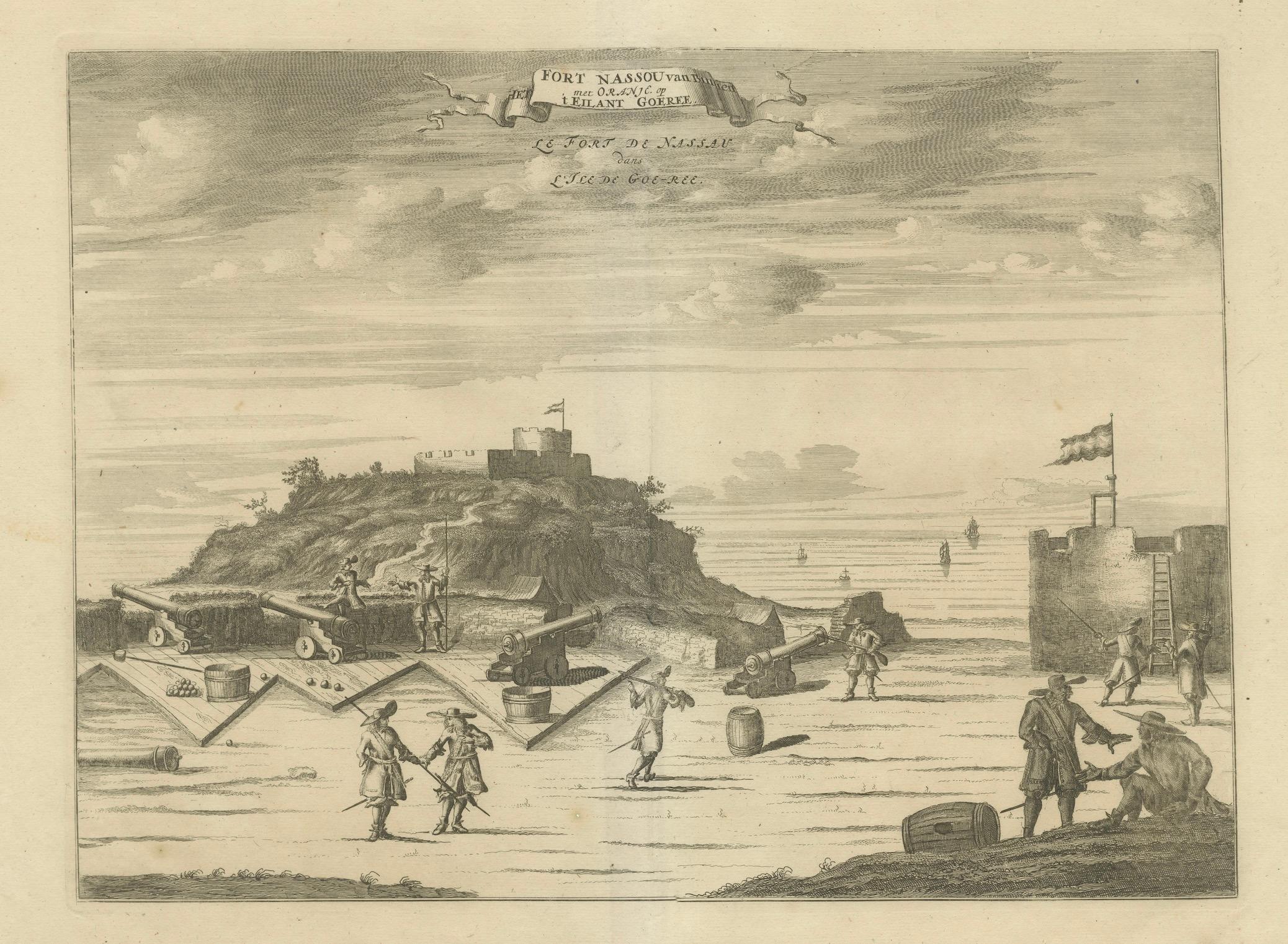 Fort Nassau sur l'île de Gorée - Gravure coloniale hollandaise, c.1700

Cette gravure ancienne originale, intitulée Fort Nassau sur l'Isle de Gorée, date d'environ 1700 et présente une vue historique des fortifications hollandaises de l'île de
